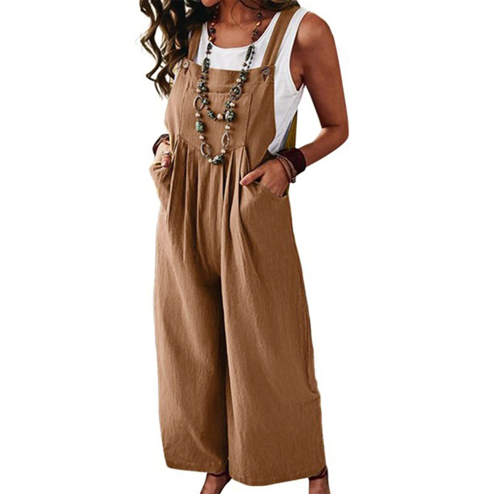 Women's High Waist Overalls Pants - Adjustable Strap Baggy Jumpsuit with Linen Long Pants | Casual Romper for Summer Outings, Gardening & Boho Fashion