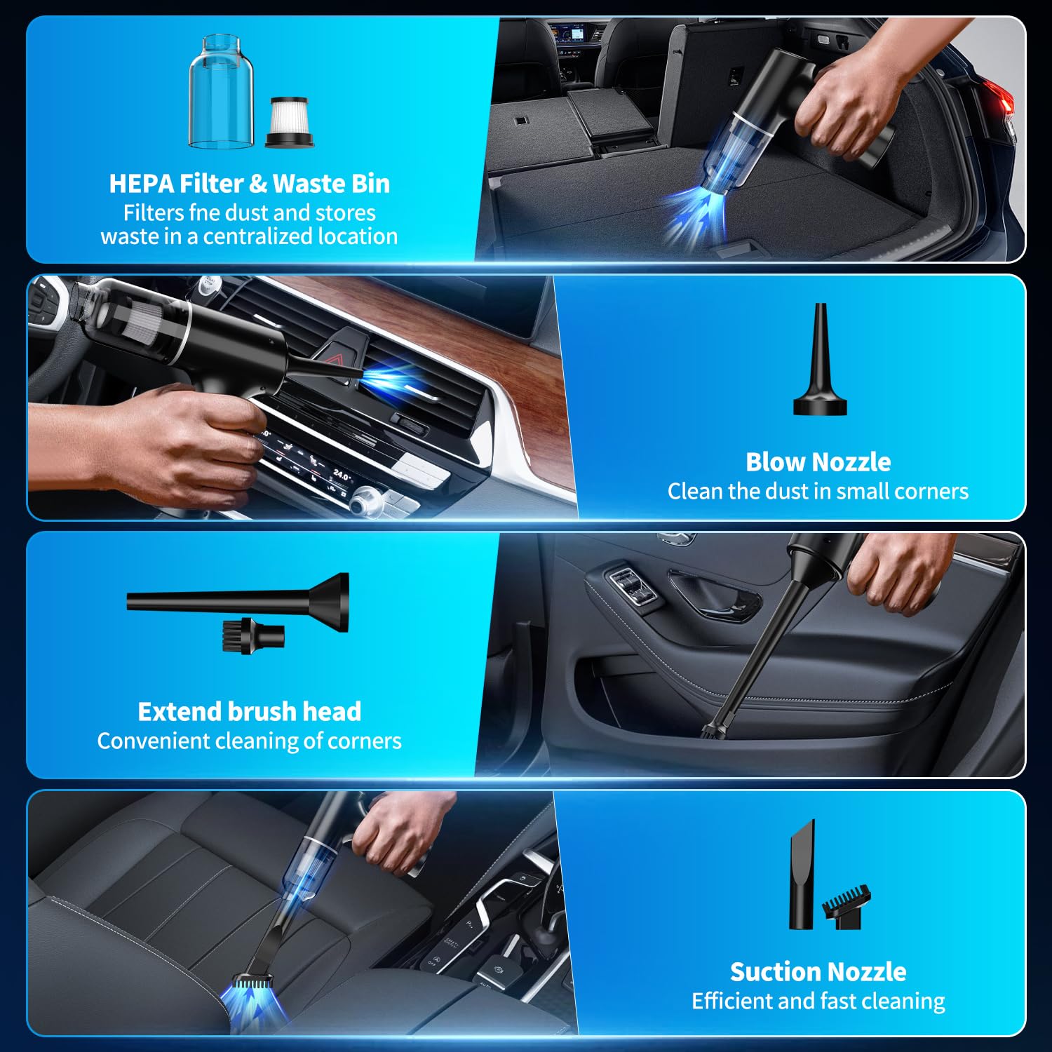 4-in-1 High Power 12000Pa Cordless Handheld Vacuum Cleaner - Rechargeable Brushless Motor Car & Home Vacuum for Pet Hair, Dust, Crumbs - Perfect for Cars, Homes, Offices & Small Spaces Cleaning