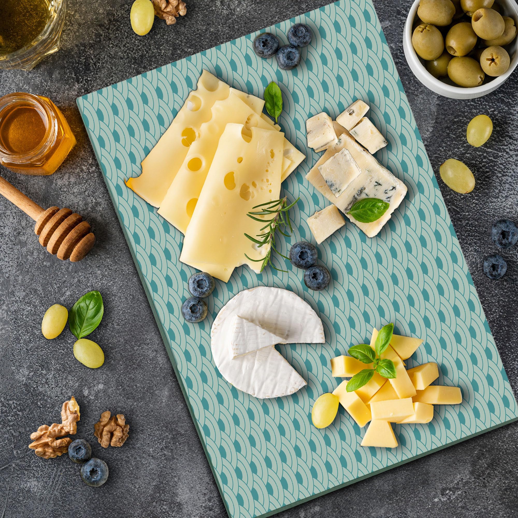 Ambesonne Ocean Themed Tempered Glass Cutting Board - Large Size Sky Blue & White with Bold Half Circles and Waves Design - Perfect for Serving, Charcuterie, and Kitchen Decor