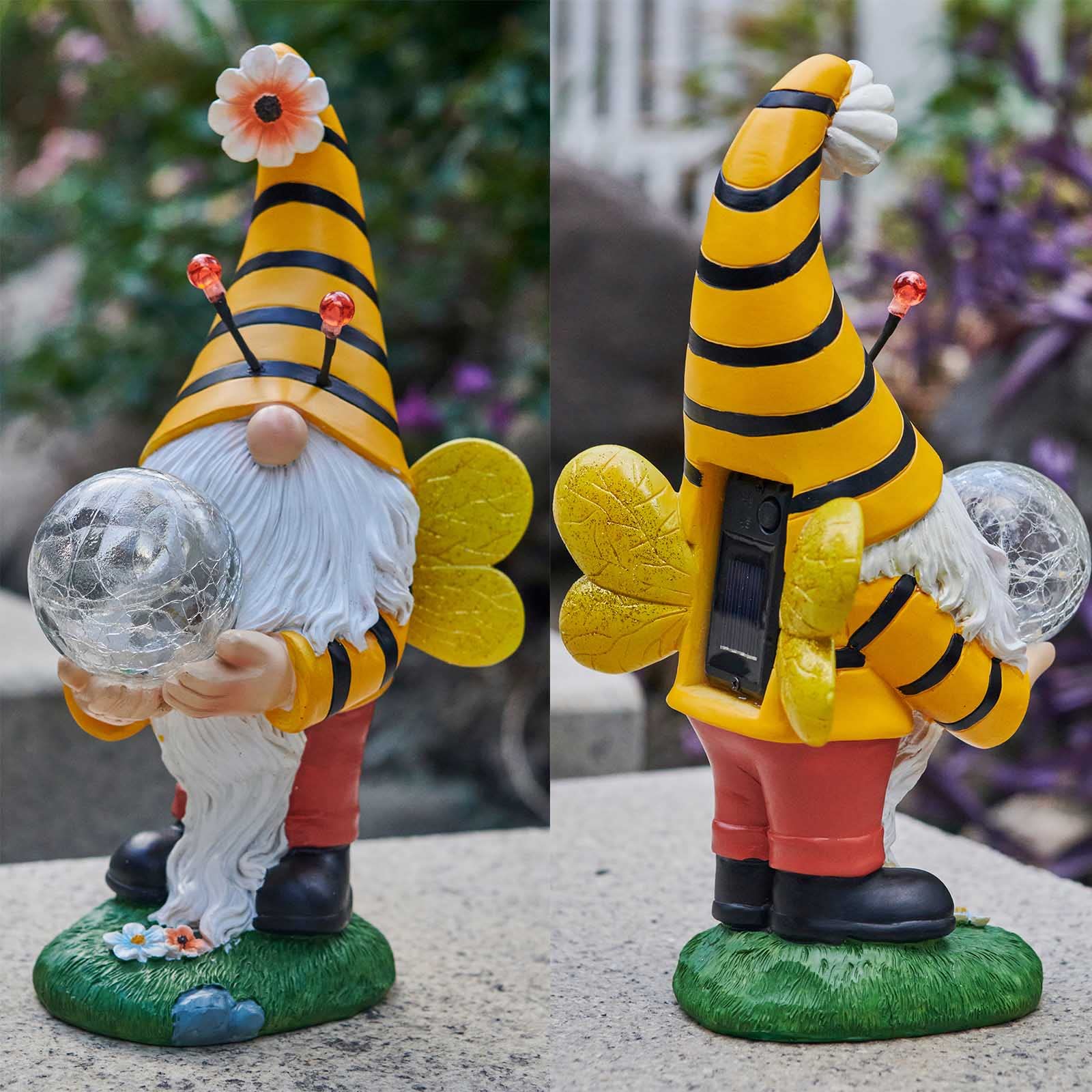 Funny Solar-Powered Yellow Garden Gnome with Bee Design - Waterproof Outdoor Statue for Patio, Lawn & Garden Decor | Perfect for Spring & Summer Decoration, Backyard Parties & DIY Landscape Design