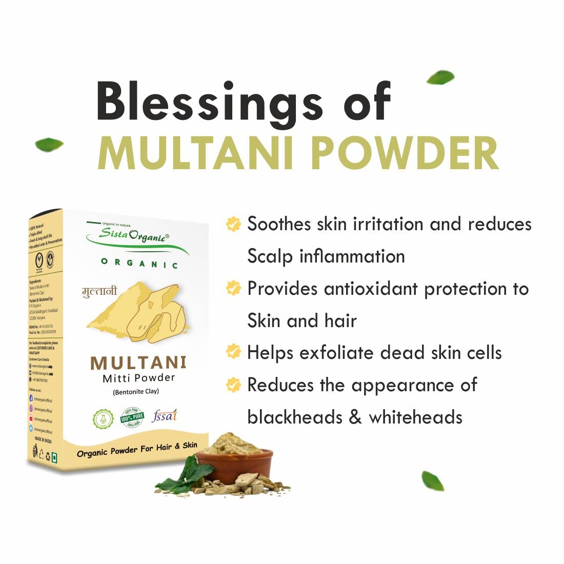 Organic Multani Mitti Clay Powder for Face Mask, Skin Brightening & Hair Care - 3 Pack (600g) | Natural Beauty Treatment for Acne, Oil Control & Glowing Skin