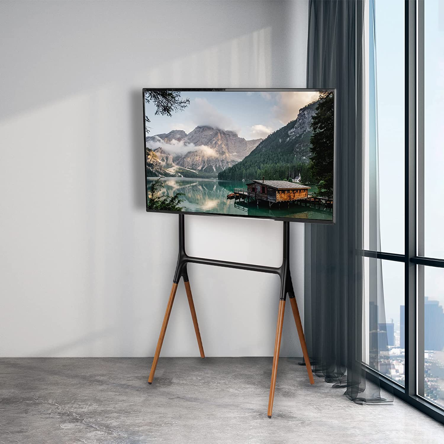 VIVO Adjustable TV Stand Easel for 49-70 Inch LED LCD Screens, 4-Leg Wooden TV Mount Holder up to 88 lbs - Black/Brown (Model STAND TV70A) - Perfect for Living Room, Bedroom, or Studio Display