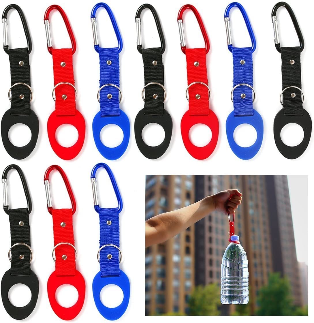 DomeStar 10-Pack Portable Silicone Water Bottle Clips with D-Ring Hooks - Leak-Proof Bottle Holders for Hiking, Camping & Travel Gear - Includes Emergency Aluminum Whistle for Outdoor Adventures