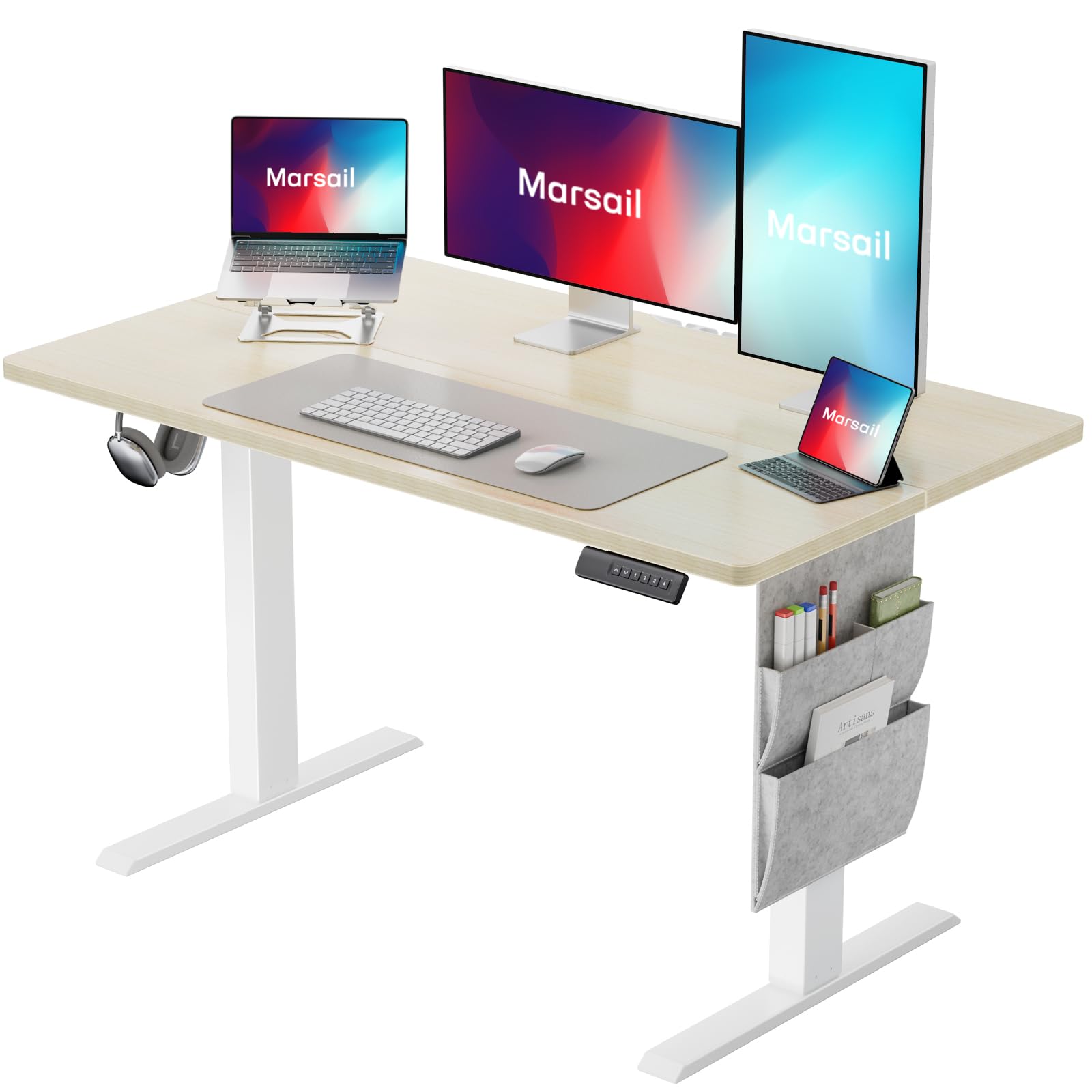 Marsail 48x24 Inch Electric Standing Desk - Adjustable Height Home Office Desk with Memory Preset, Storage Bag & Headphone Hook | Ergonomic Computer Workstation for Remote Work, Gaming & Study