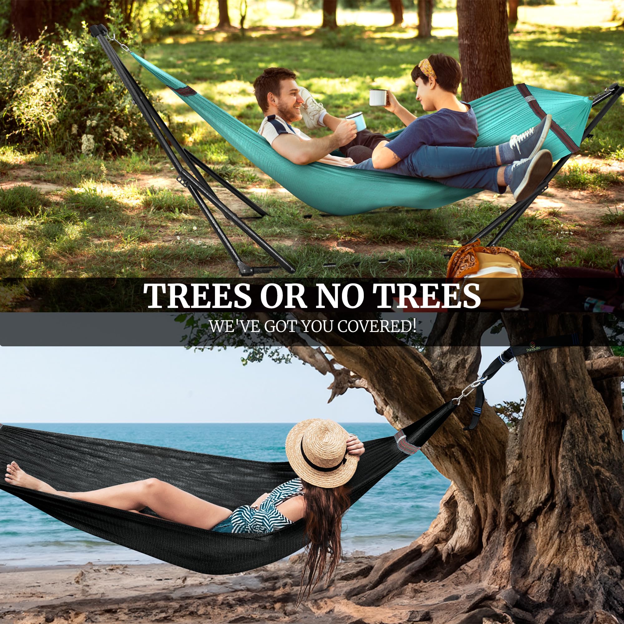 Tranquillo 2-Person Hammock Set with Stand - Heavy Duty 600lbs Capacity for Indoor & Outdoor Use - Includes 2 Hammocks, Tree Straps, and Portable Carrying Bags - Perfect for Backyard, Patio, Camping, and Beach Relaxation