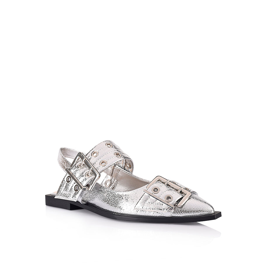 Clea Slingback Buckle Flats - Women's Comfortable Silver Crinkle Leather Shoes for Casual Wear & Office Outfits
