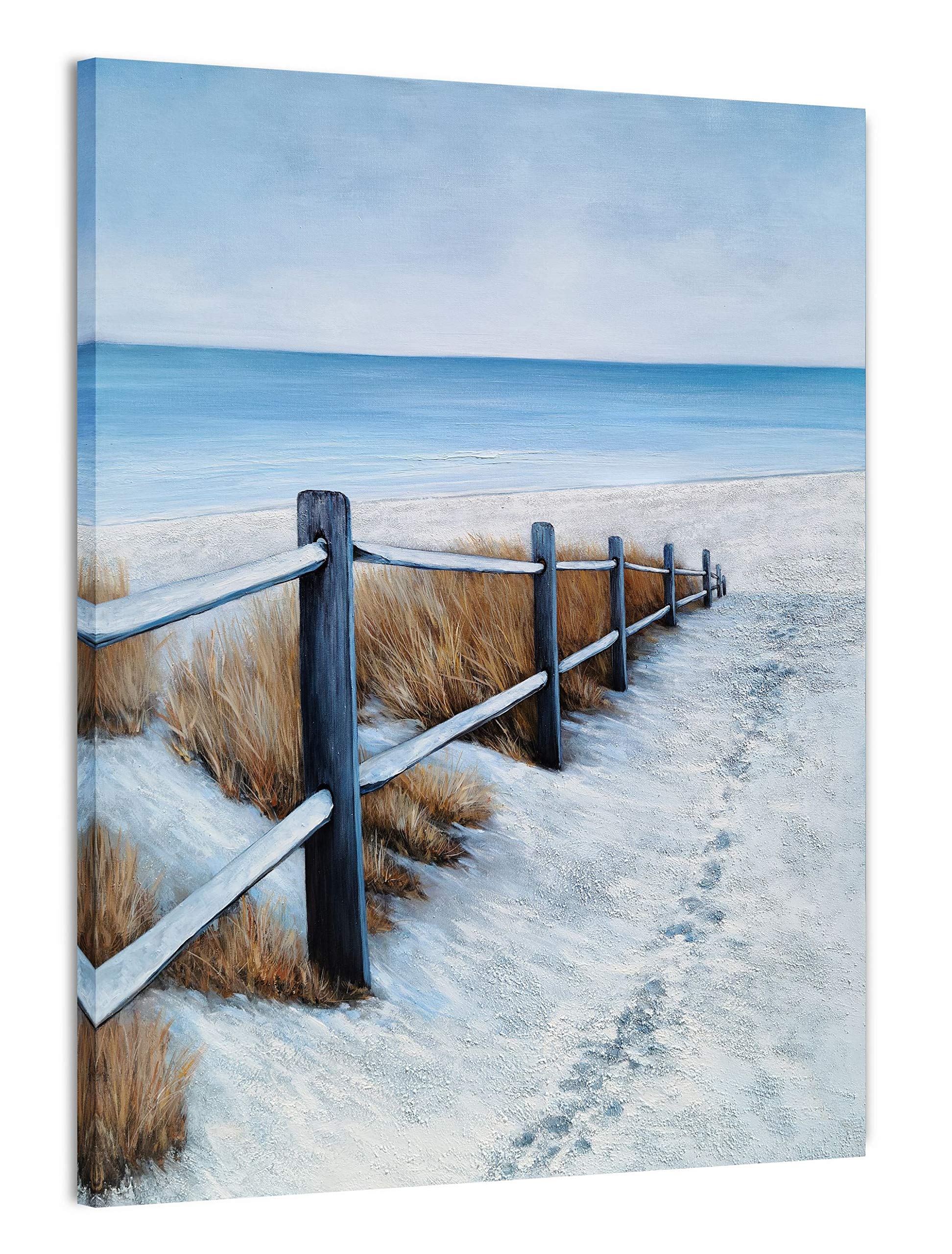 Hand Painted Blue and White Abstract Coastal Canvas Wall Art - Modern Nautical Beach Painting with Fence for Living Room, Bedroom & Bathroom Decor | Perfect for Coastal, Beach House or Ocean Theme Home Styling
