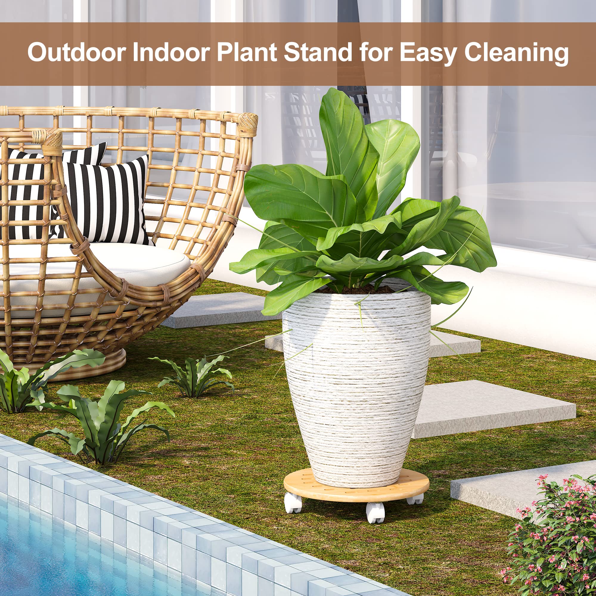 FILWH 13 Inch Bamboo Plant Caddy with 360° Lockable Wheels - 2 Pack Indoor/Outdoor Plant Stand with Pulley System - Natural Corner Display Shelf for Home Decor, Garden, Office & Patio