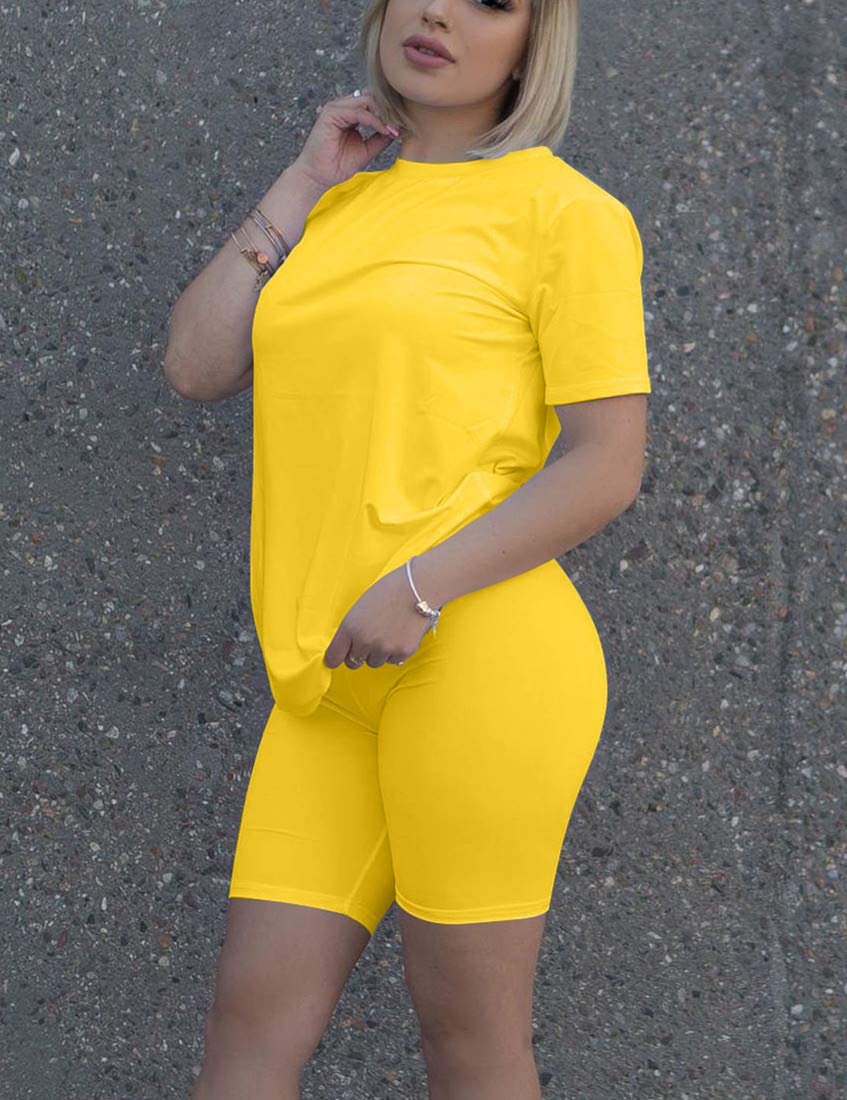 Kaximil Women's 2 Piece Outfit - Casual Short Sleeve T-Shirt & High Waisted Biker Shorts Set | Yoga, Gym, Running & Lounge Wear