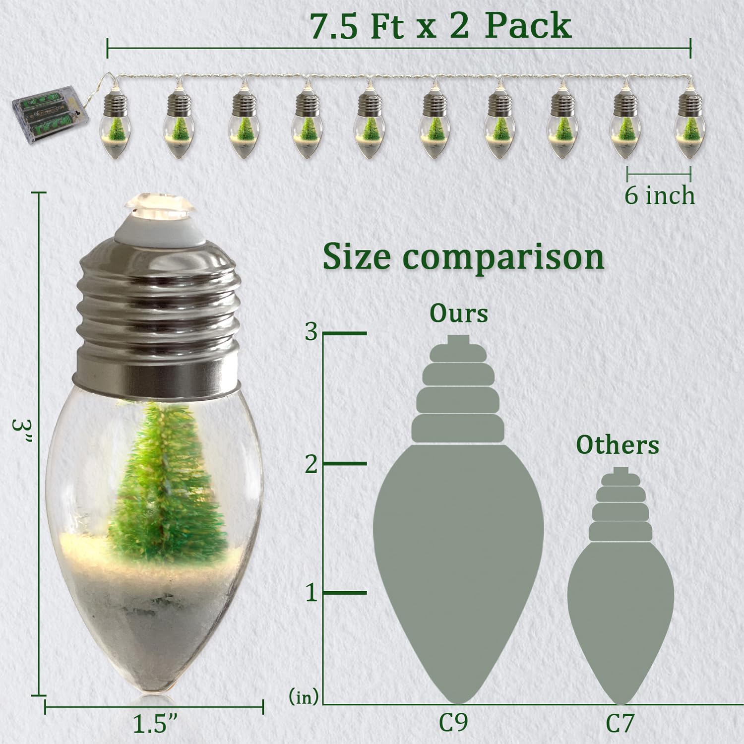VVolf Battery Operated Christmas Lights - 10 LED Clear Bulb Snow Globe String Lights (2 Pack) for Indoor Room Decor, Holiday Party & Winter Wedding Decoration
