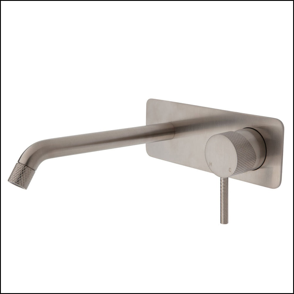 FIENZA Brushed Nickel Axle Wall Basin & Bath Mixer Set with Soft Square Plate - 200mm Outlet (231106BN 200) - Perfect for Modern Bathroom & Spa Renovations