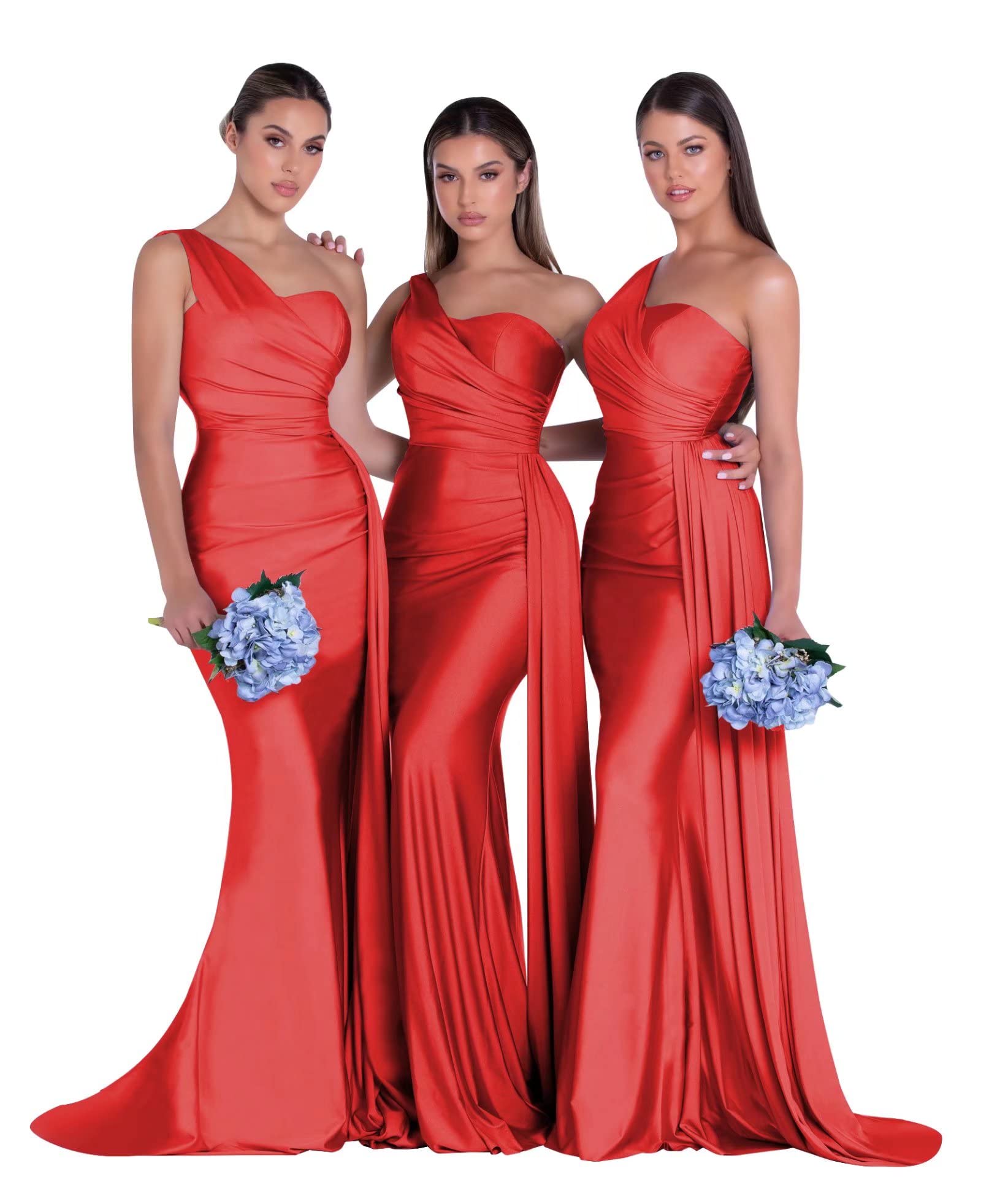 Elegant Mermaid One Shoulder Bridesmaid Dresses for Wedding - Bodycon Ruched Long Prom Dress with Train - Perfect for Beach Weddings, Formal Events & Evening Parties