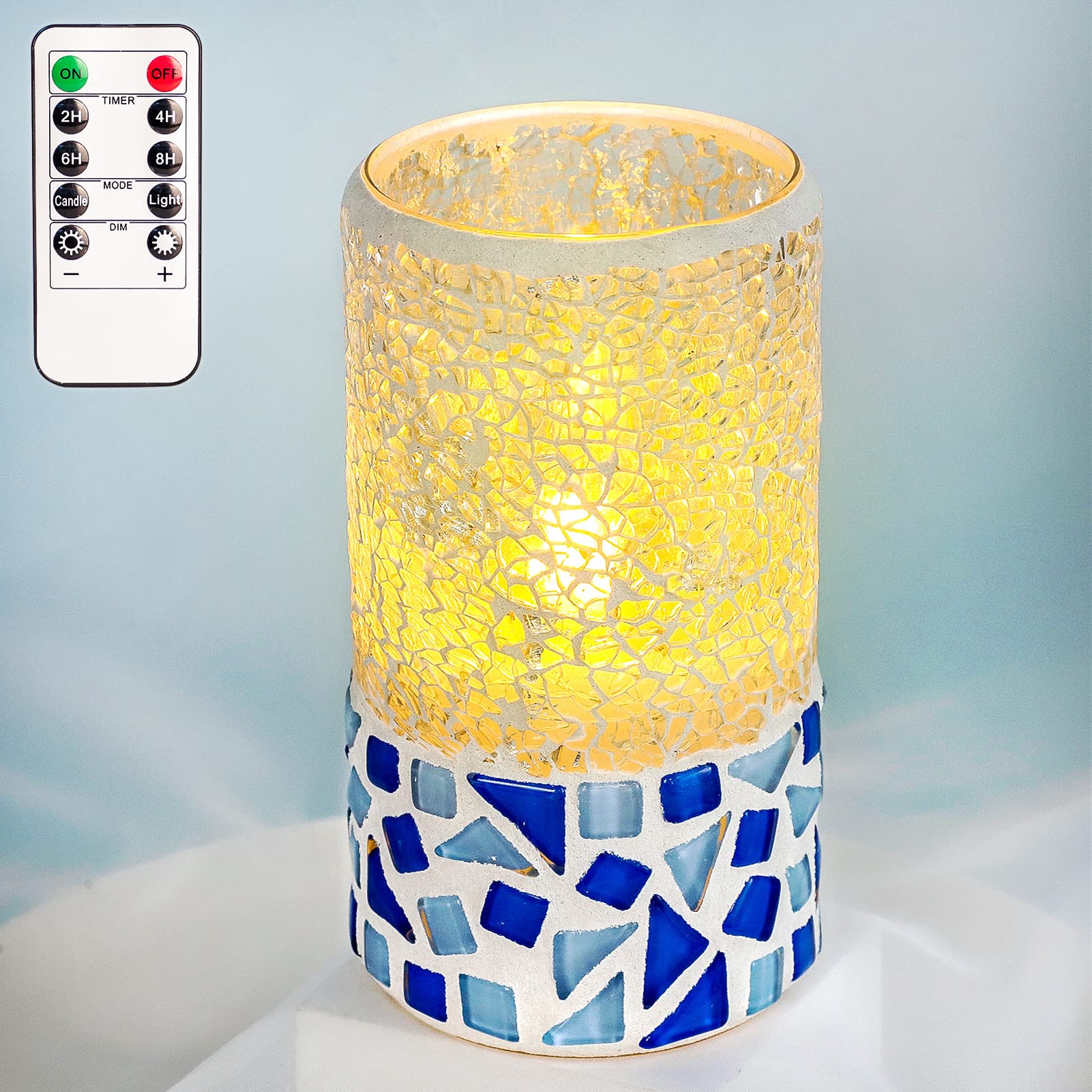 FLAVCHARM LED Glass Flameless Candle with Remote - 3x6 Inch Mosaic Cracked Blue Ocean Design Battery Operated Flickering Pillar Candle for Coastal Home Decor, Cabin, Wedding Centerpiece & Relaxation Ambiance