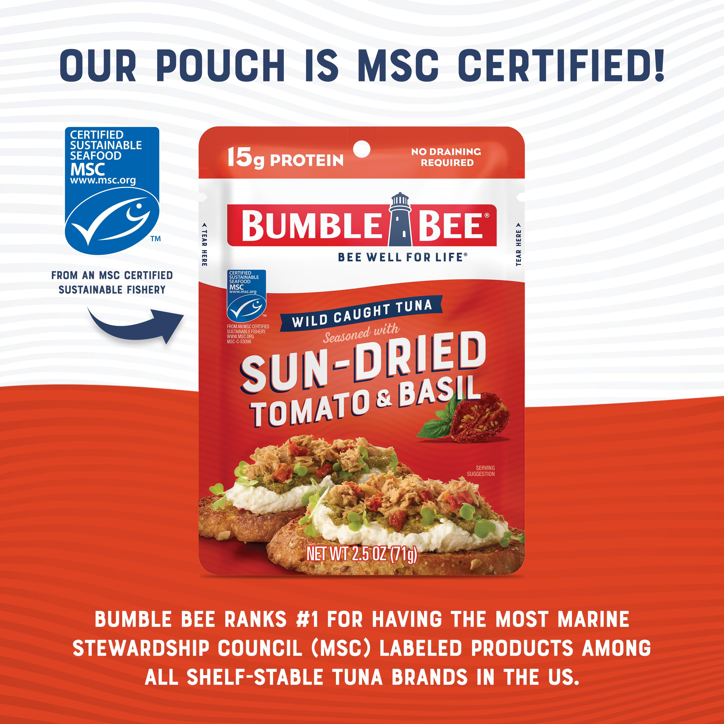 Bumble Bee Sun-Dried Tomato & Basil Seasoned Tuna Pouch, 2.5 oz - Wild Caught, Ready to Eat, High Protein (15g per Serving), Gluten Free - Perfect for Salads, Sandwiches, and On-the-Go Snacks
