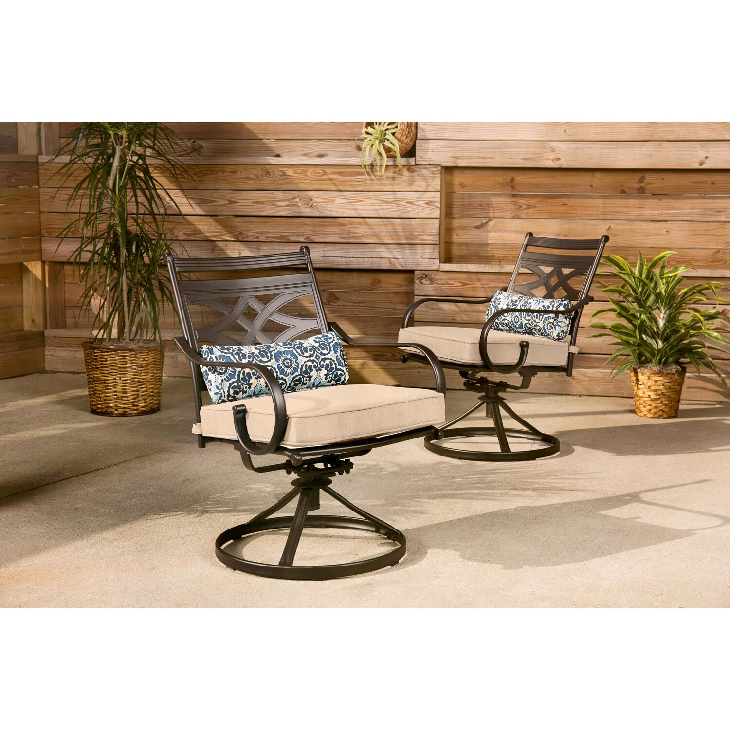 Hanover Montclair 7-Piece Outdoor Dining Set with 6 Swivel Rocking Chairs, Tan Cushions & Durable Steel Table - All-Weather Patio Furniture for Deck, Garden, Backyard - Perfect for Family BBQs, Outdoor Entertaining and Relaxing