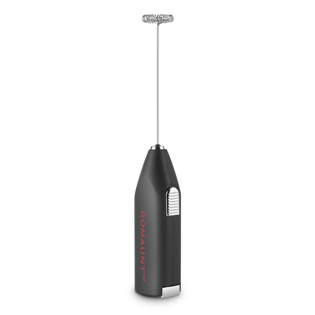 ROMAUNT 8-Inch Electric Milk Frother - Handheld Battery Operated Stainless Steel Foam Maker for Latte, Coffee & Cappuccino | Perfect for Home, Office & Coffee Shops | Black