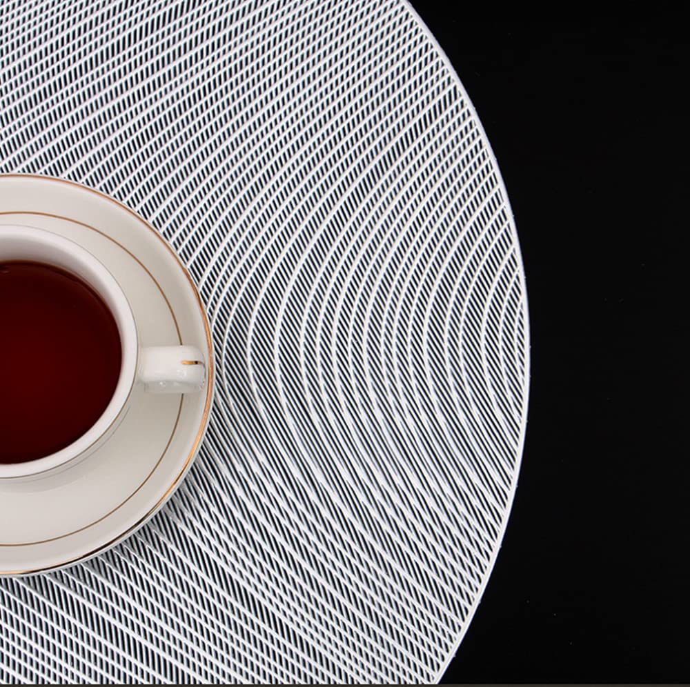 4 Pack Round PVC Placemats - Waterproof, Oilproof, Stain Resistant Table Mats for Dining, Kitchen, Party (Silver) | Perfect for Everyday Meals, Entertaining Guests & Holiday Decor
