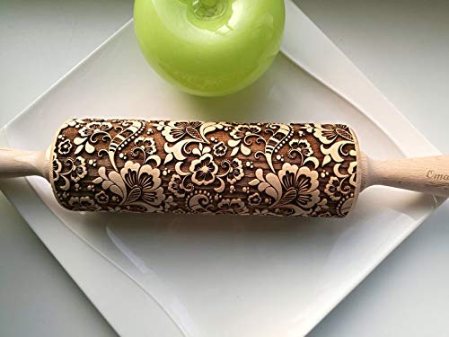 Floral Engraved Rolling Pin - Flower Embossed Baking Roller for Cookies, Pastry & Dough - Perfect Gift for Women, Mothers Day, Housewarming & DIY Enthusiasts - Create Beautiful Paisley Patterns on Gingerbread & Homemade Treats
