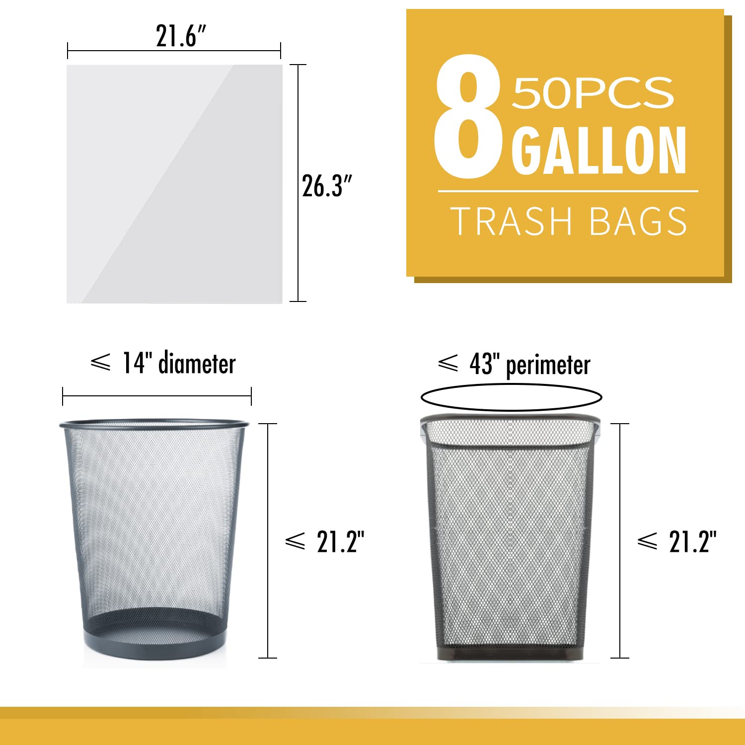 Medium Trash Bags 6-8 Gallon | White Unscented Garbage Can Liners (50 Count) | Perfect for Bathroom, Bedroom, Office & Kitchen Waste Disposal