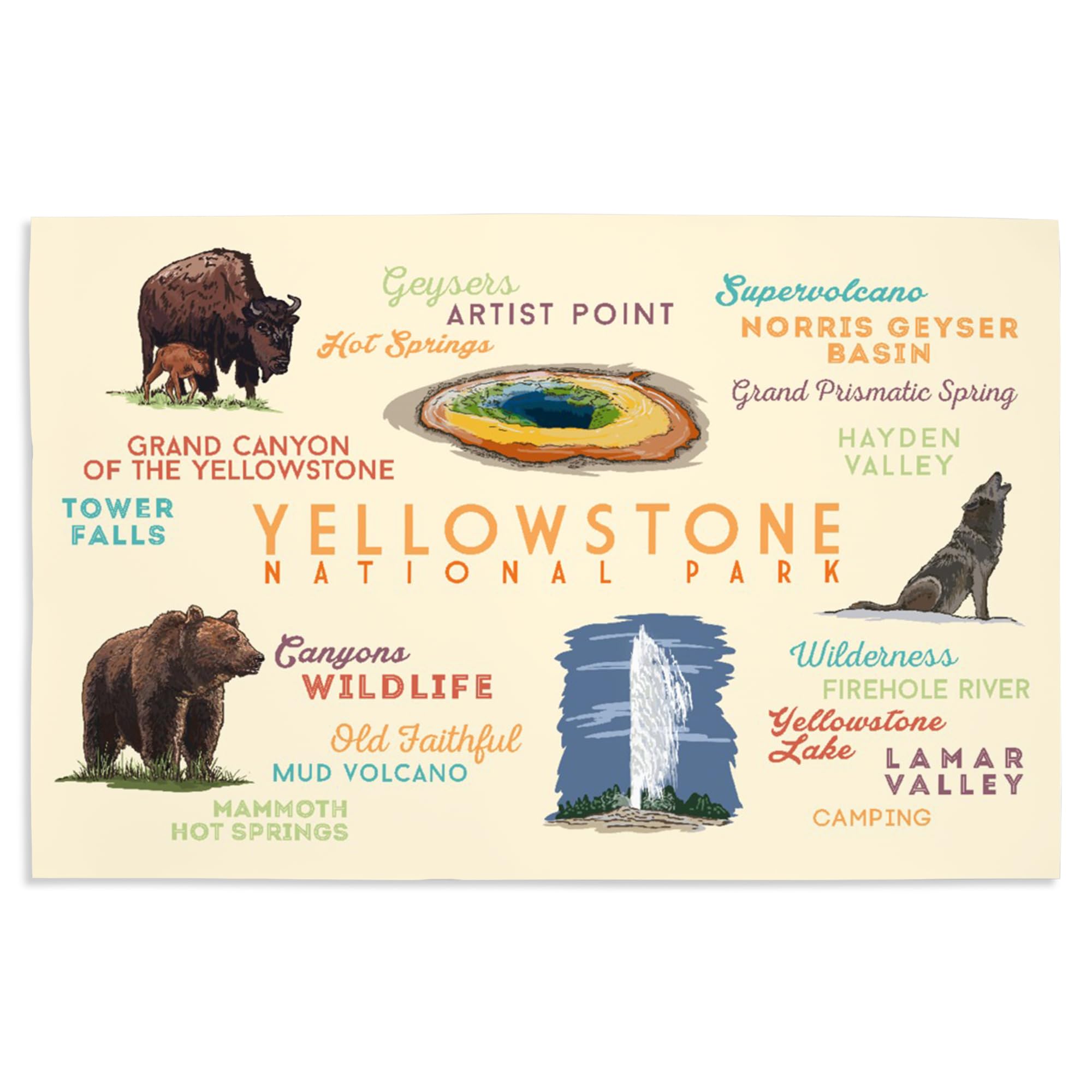 Lantern Press 16x24 Inch Giclee Art Print - Yellowstone National Park Landscape with Typography & Iconic Symbols | Perfect for Home Decor, Office Wall Art & National Park Enthusiasts