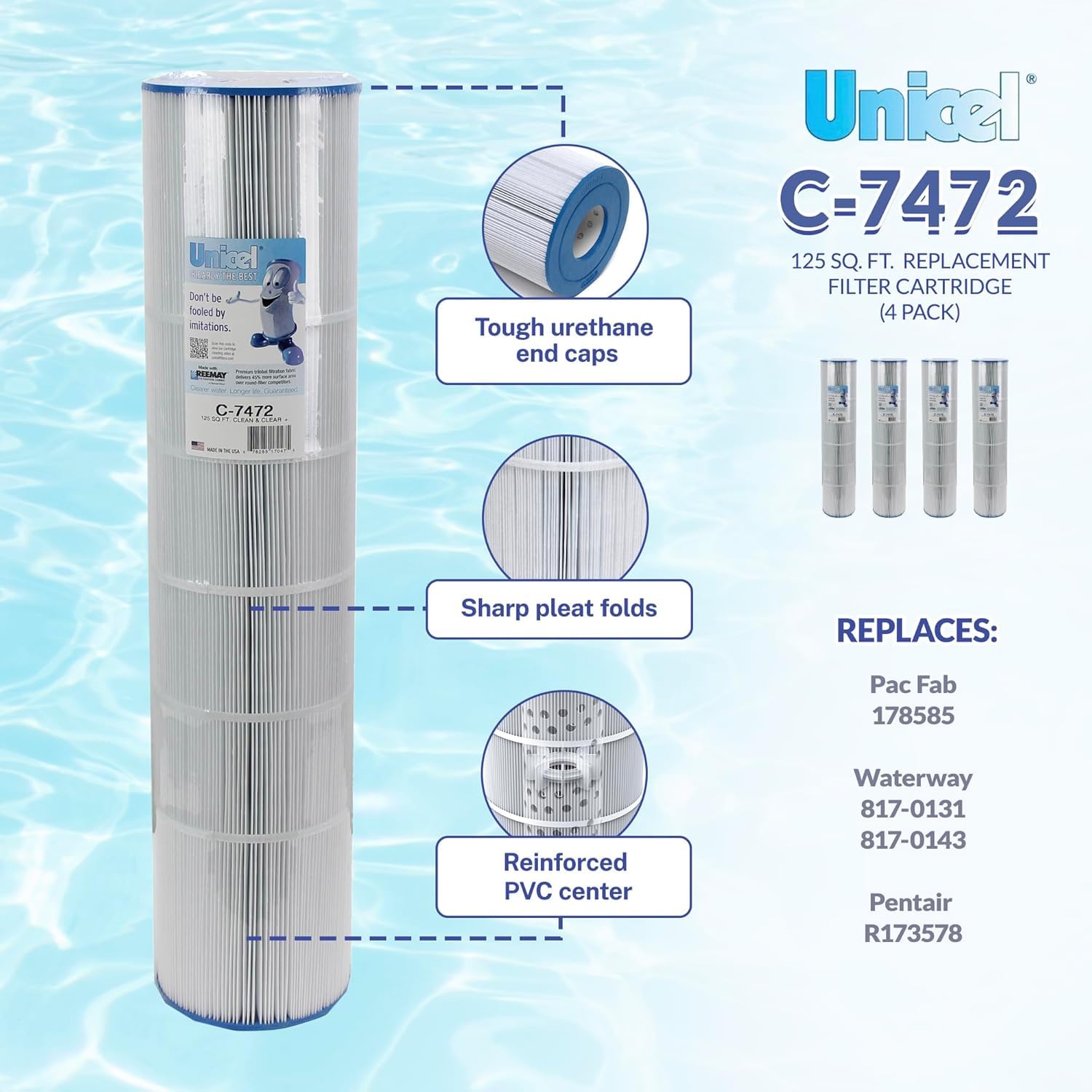 Unicel C-7472-4 125 Sq Ft Pool Filter Cartridge Replacement - 163 Pleats, Compatible with Pentair, Pac Fab & Waterway Pools - 4 Pack for Inground & Above Ground Swimming Pools