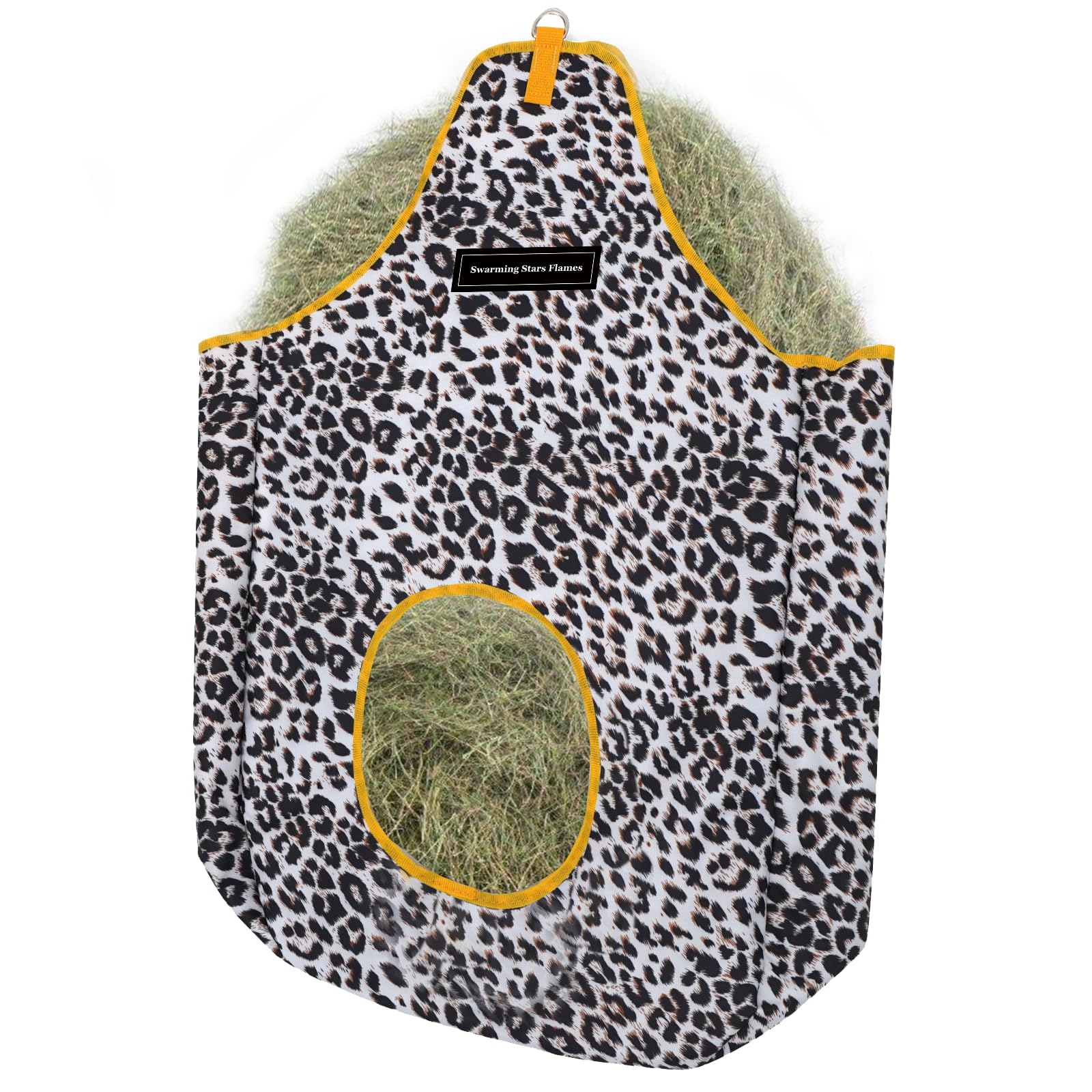 Durable Oxford Fabric Horse Hay Bag - Large Capacity Slow Feed Hay Sack with Metal Snap Fastener for Horses, Cows, Goats & Donkeys | Open Feed Hole Design | Animal Print Pattern | Perfect for Stable, Pasture & Trail Riding