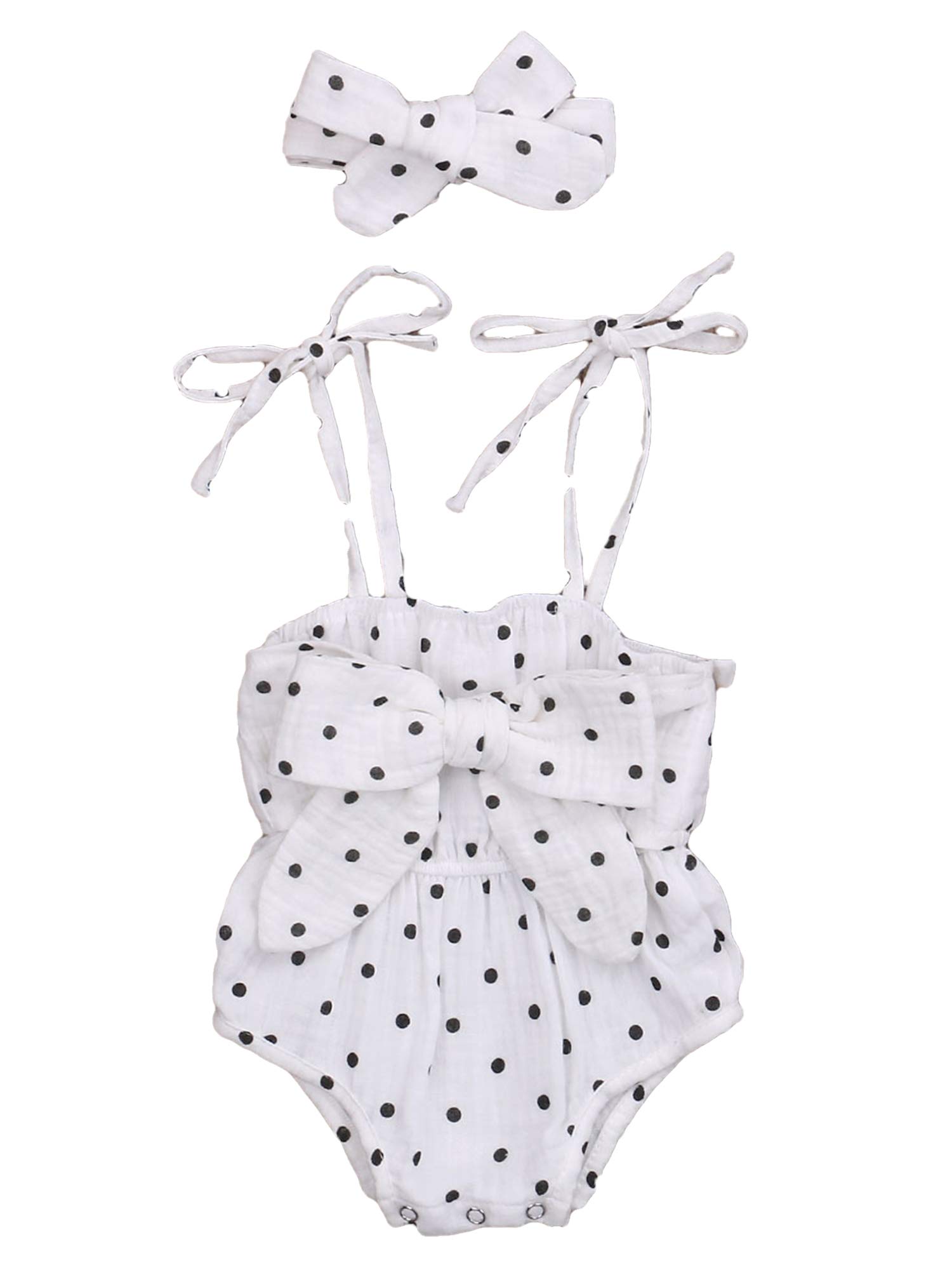 Baby Girl Sleeveless Summer Romper with Spaghetti Straps & Bowknot Headband - Soft Cotton Linen Bodysuit Outfit for Infants | Perfect for Beach, Park & Family Photos