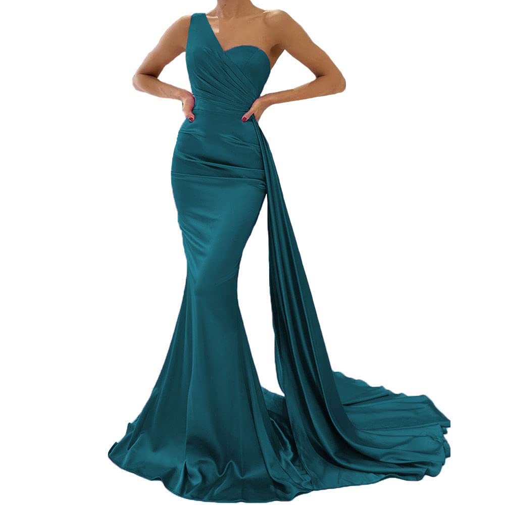XYAYE Women's One Shoulder Mermaid Bridesmaid Dress - Satin Prom Gown Long Formal Evening Dress with Train for Wedding Party & Special Occasions