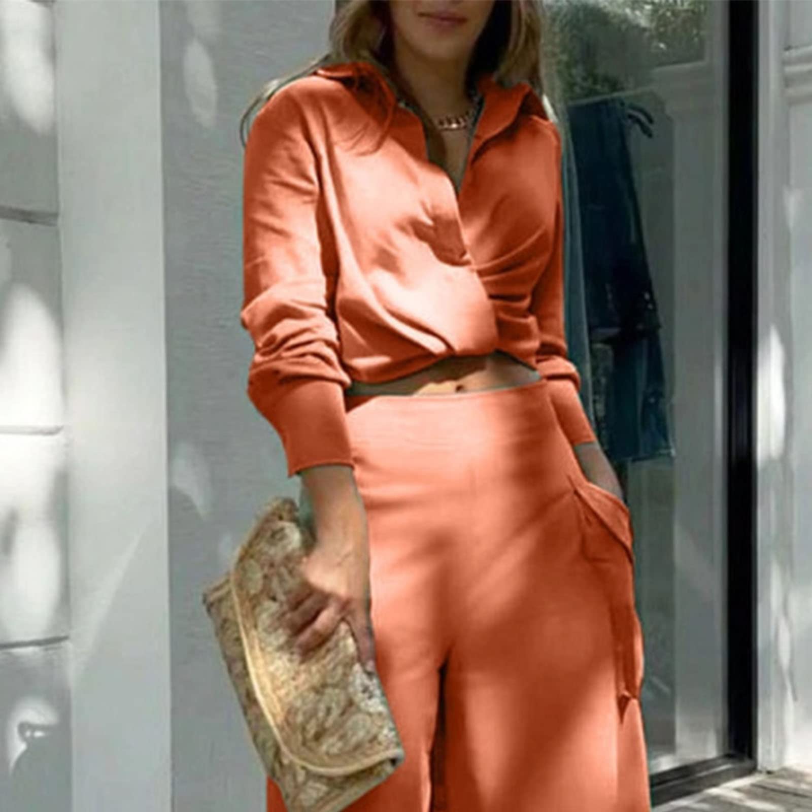 Sexy 2 Piece Outfit for Women - Cropped Long Sleeve Tops & High Waist Wide Leg Pants with Pockets | Casual Suit Set | Perfect for Date Night, Office Wear & Street Fashion