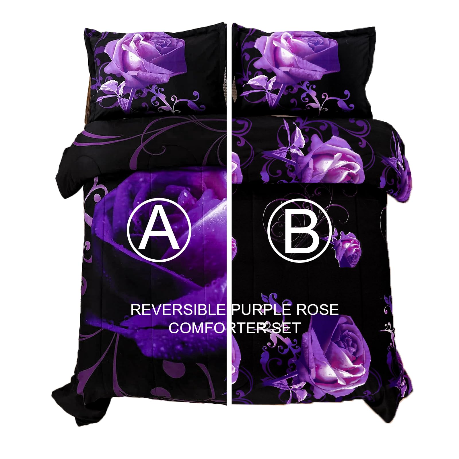 WONGS BEDDING Reversible Purple Rose Comforter Set - Full Size 90x78 Inch All-Season Microfiber Bedding with 2 Pillowcases | Soft & Breathable | Perfect for Master Bedroom, Guest Room & Dorm Decor
