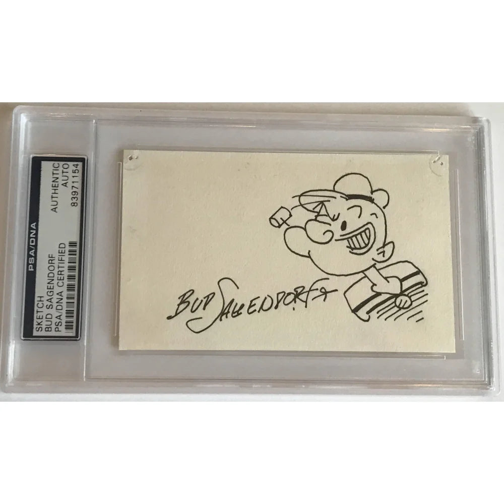 Bud Sagendorf Signed Popeye Sketch Card with PSA/DNA COA - Authentic Index Card Autograph - Perfect for Comic Collectors & Popeye Memorabilia Fans