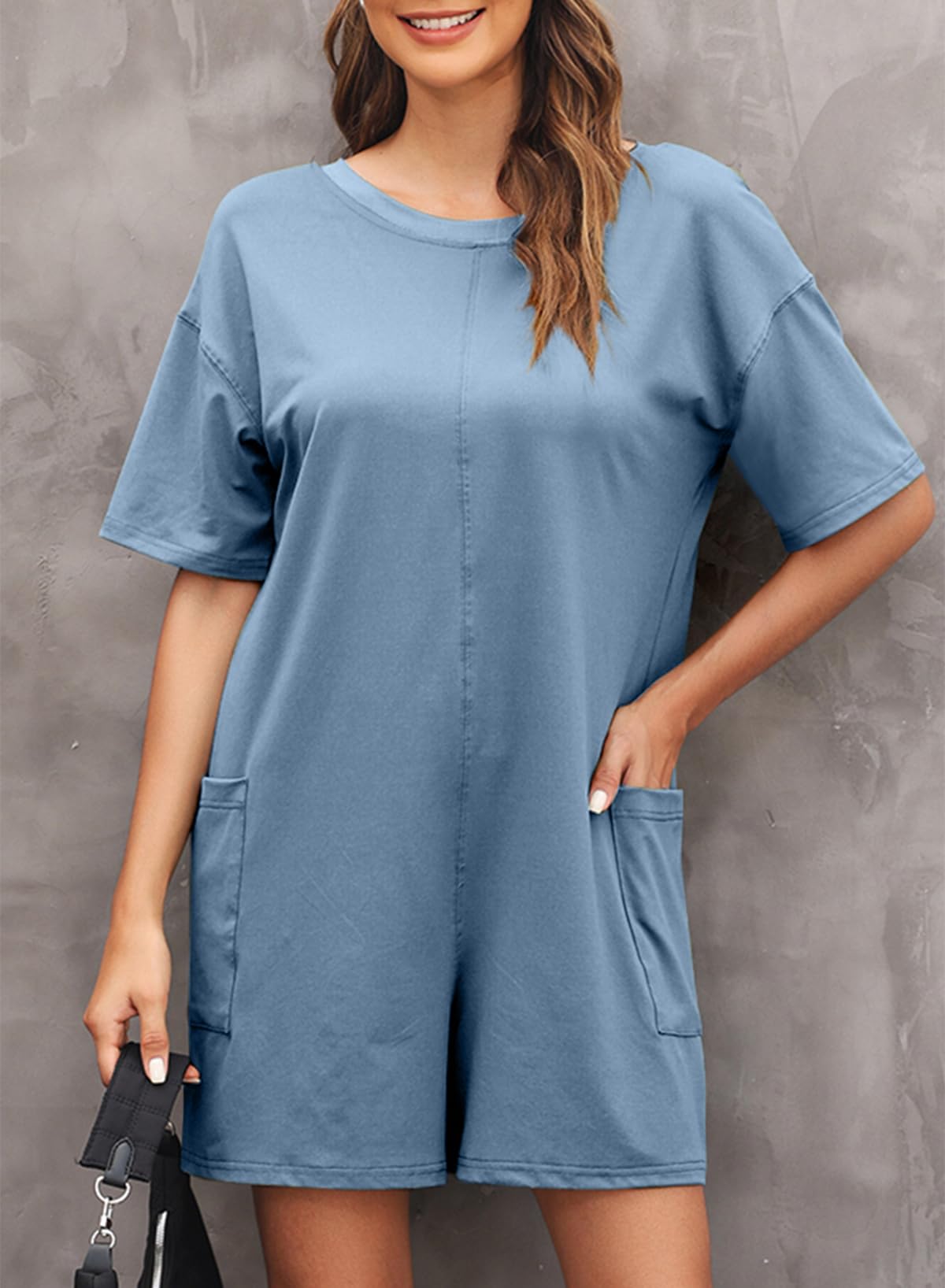Happy Sailed Women's Casual Loose Crewneck Romper Jumpsuit with Pockets - Summer Beach Outfit, Vacation Wear & Everyday Comfort
