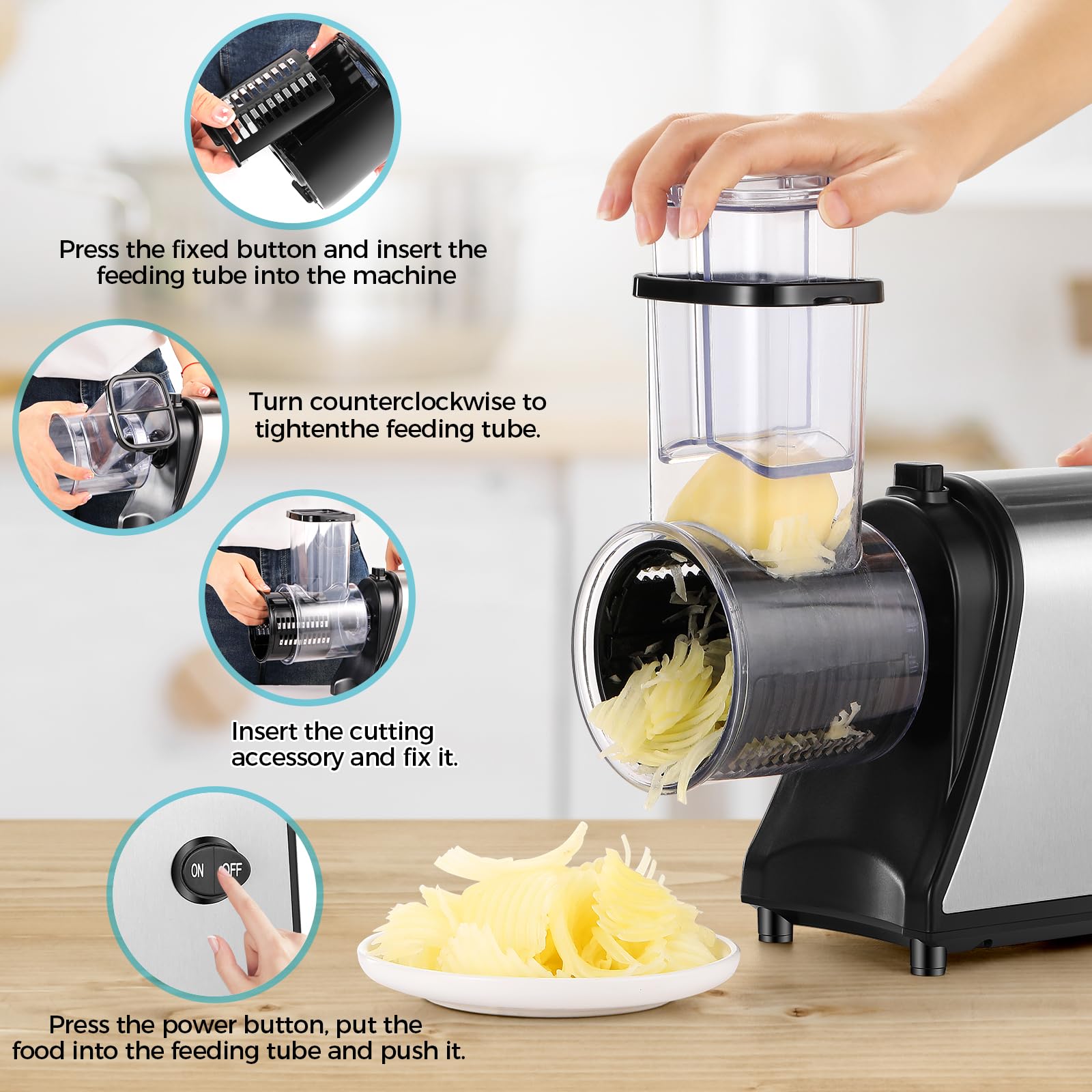 250W Electric Slicer Grater - Multi-Function Salad Maker & Cheese Shredder with 5 Free Attachments, Extra Large Feed Port for Fast Food Prep - Perfect for Kitchens, Restaurants, and Catering Services