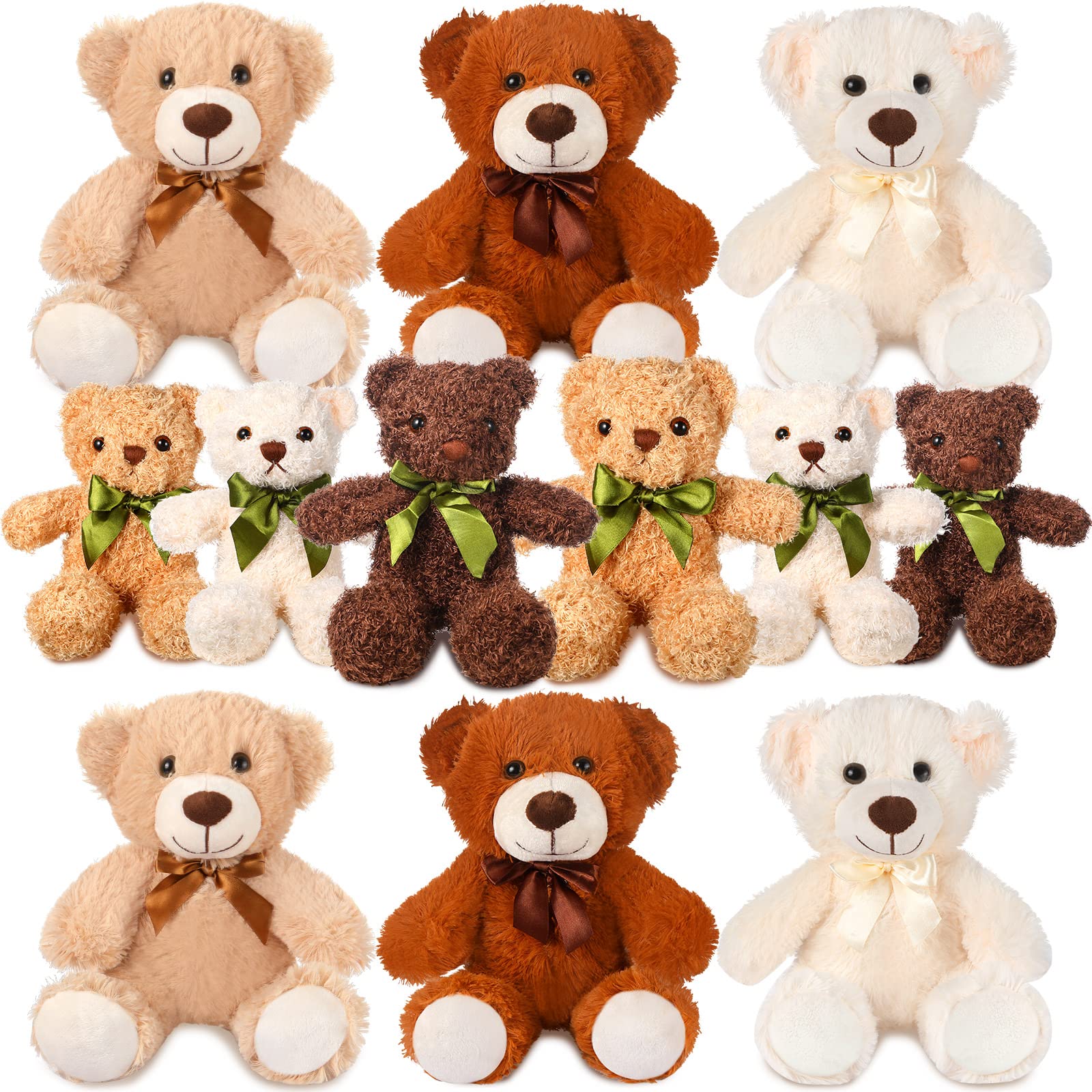 12 Pack Soft Plush Bear Stuffed Animals - 14 Inch Cute Shaggy Teddy Bears for Baby Shower, Gender Reveal & Birthday Gifts (Light Brown, Dark Brown, White) - Perfect Nursery Decor, Kids Room Cuddly Toys & Party Favors
