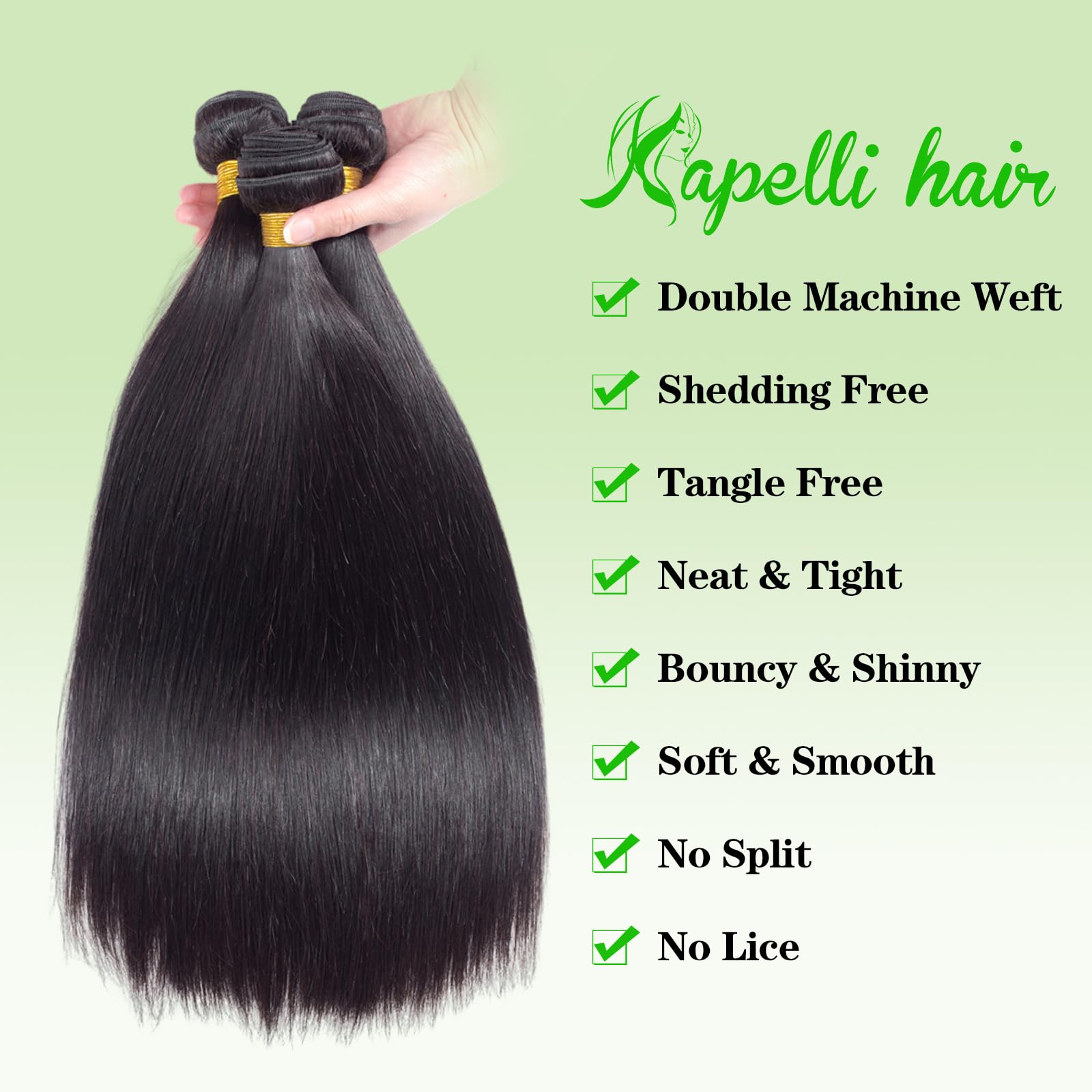 Kapelli 10A Brazilian Virgin Straight Human Hair Bundles with Closure 20 22 24+20 Inch - 3 Bundles Natural Black Remy Hair for Sew-in Weave, Extensions & Styling