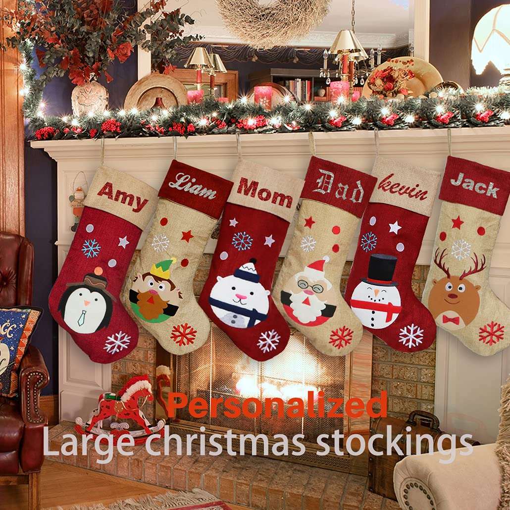 Personalized Christmas Stockings Set of 6 - Handmade Burlap Stockings with Custom Names, Rustic Farmhouse Xmas Decor for Fireplace Mantel - Perfect for Family Holiday Decorations & Christmas Gifts (Ideal for Home Decor, Holiday Parties & Festive Gift Giving)