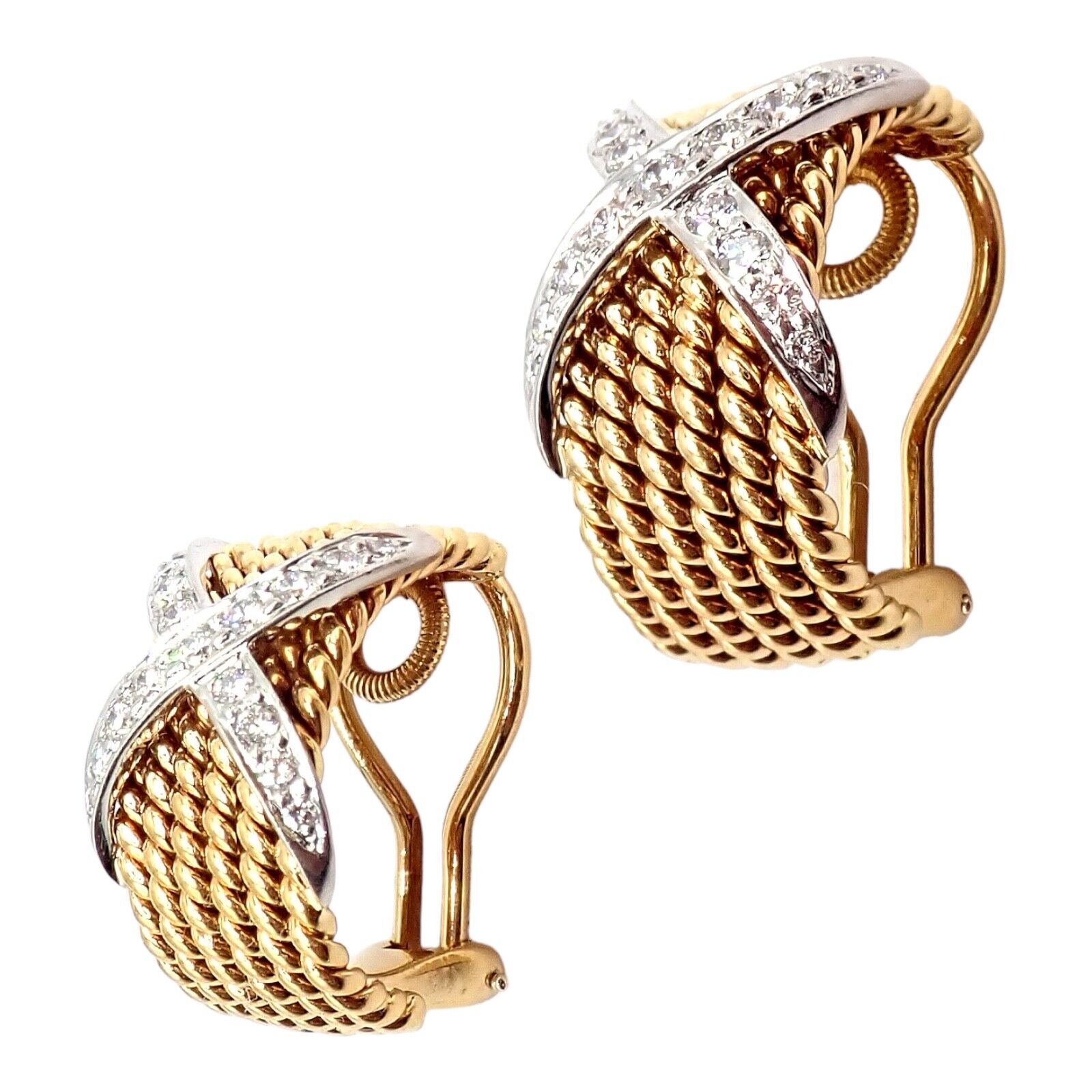 Tiffany & Co Schlumberger 18k Yellow Gold Platinum Diamond 6 Row Rope X Earrings - Luxury Diamond Hoop Earrings for Women, Perfect for Weddings, Parties & Special Occasions