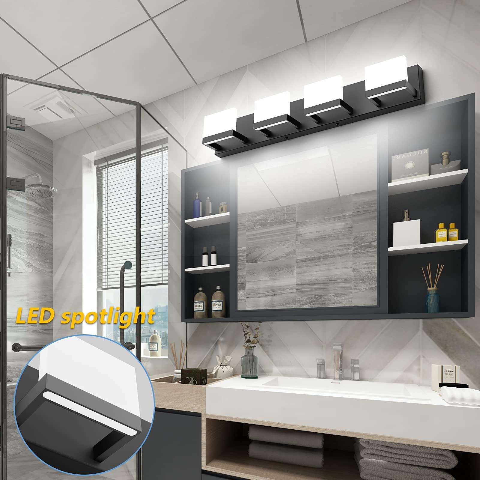 Tipace Modern 4-Light LED Vanity Mirror Light Fixture - Chrome/Black Bathroom Wall Sconce with Up & Down Lighting (6000K Cool White) - Perfect for Bathroom Makeup Vanity, Dressing Room & Mirror Illumination