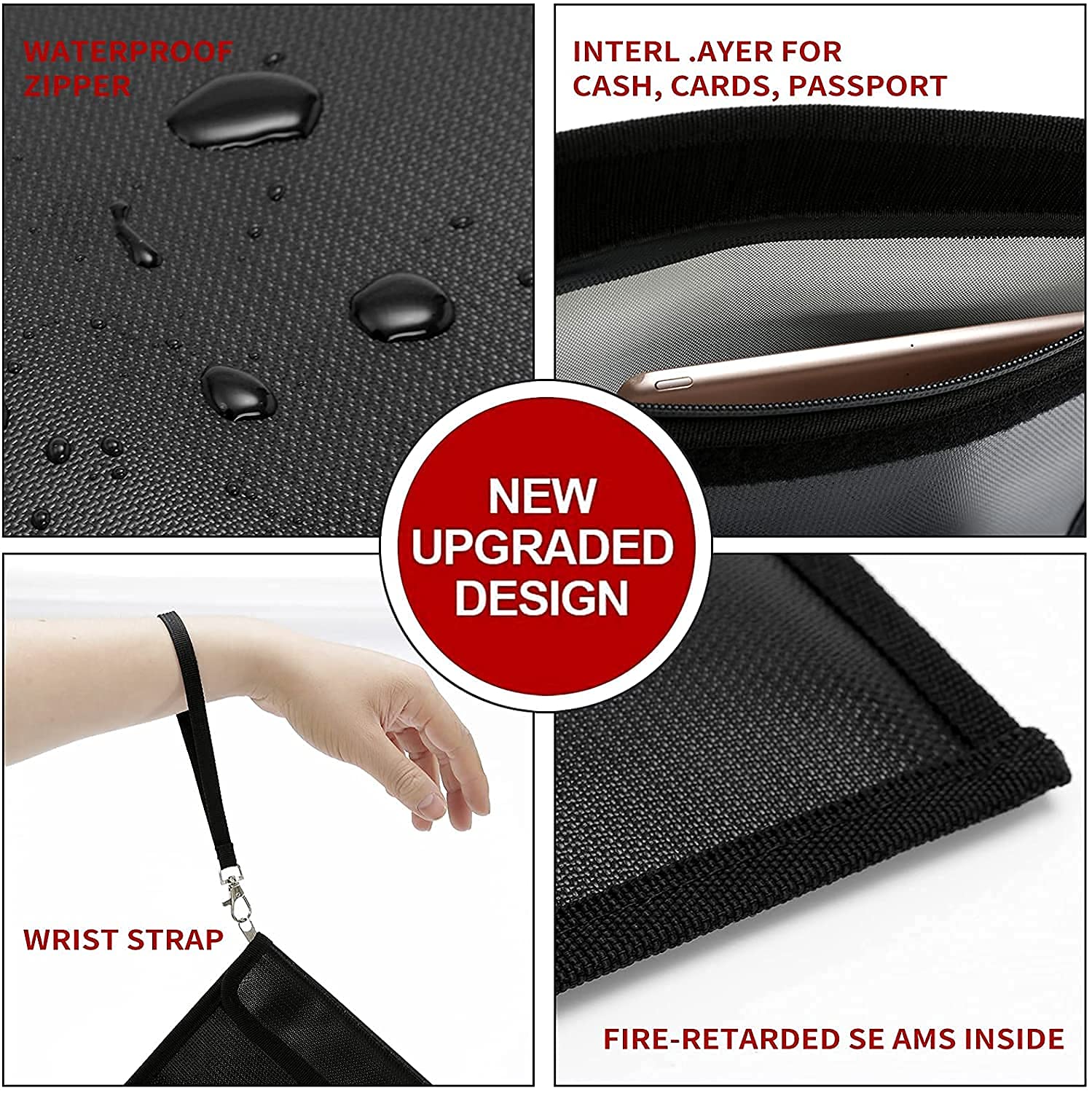 Fireproof Document Bag 15x11 Inches - Waterproof & Fire Resistant (2000℉) Money Safe with Strap & Zipper - Protect Valuables, Jewelry, Legal Papers, Files & Tablets - Ideal for Home, Office & Travel Safety (Black)