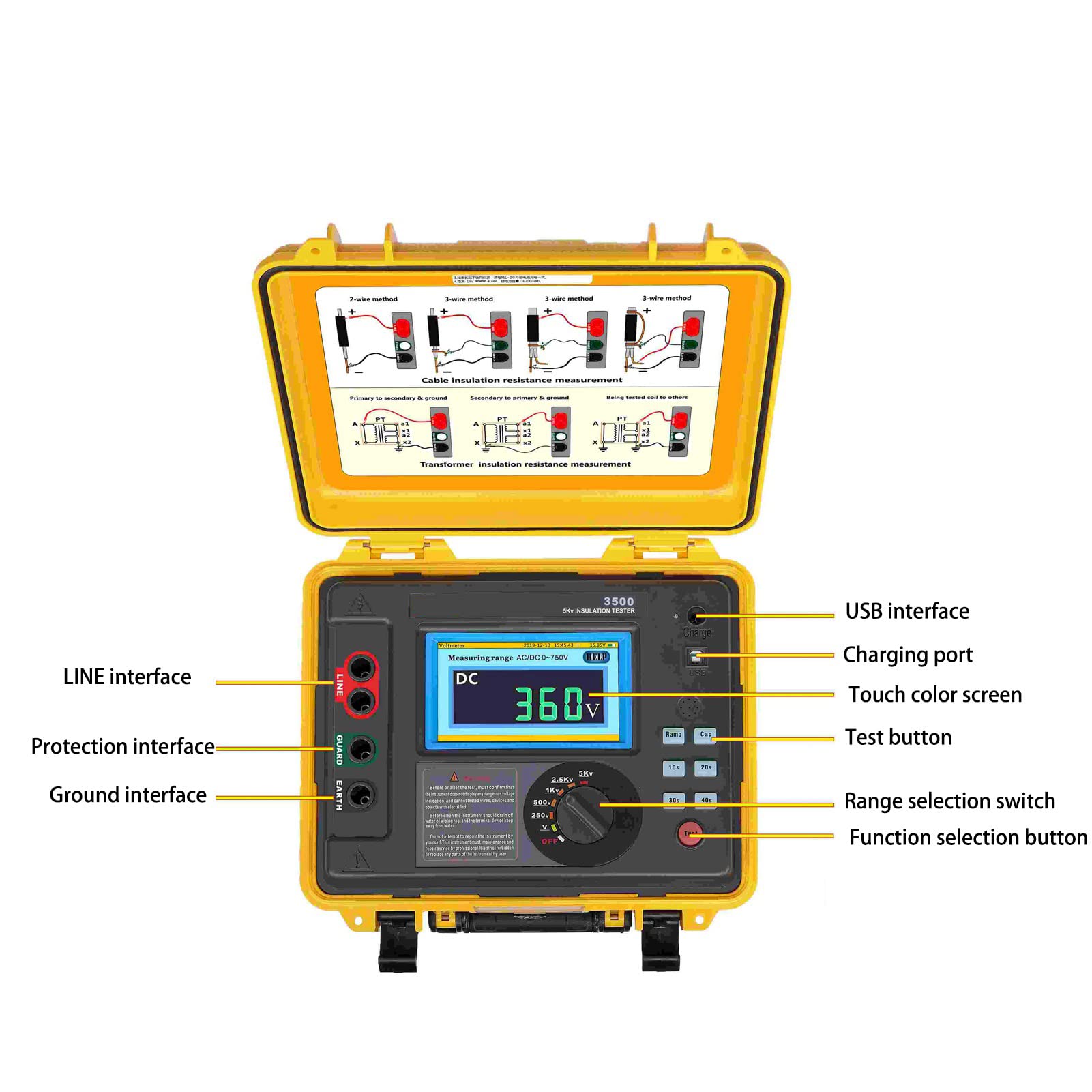 ETCR3500 Digital Insulation Resistance Tester 500V/1000V/2500V Megohmmeter with LCD Display - US Plug for Electricians, HVAC, and Industrial Maintenance