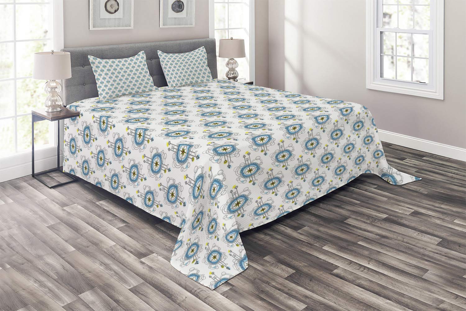 Ambesonne Tattoo-Inspired 3-Piece Quilted Bedspread Set | King Size Aquarelle Compass Windrose Design | Boho Mystic Travel Theme in Blue Black & Yellow | Includes 2 Pillow Shams | Perfect for Bohemian Bedroom Decor & Guest Room Styling