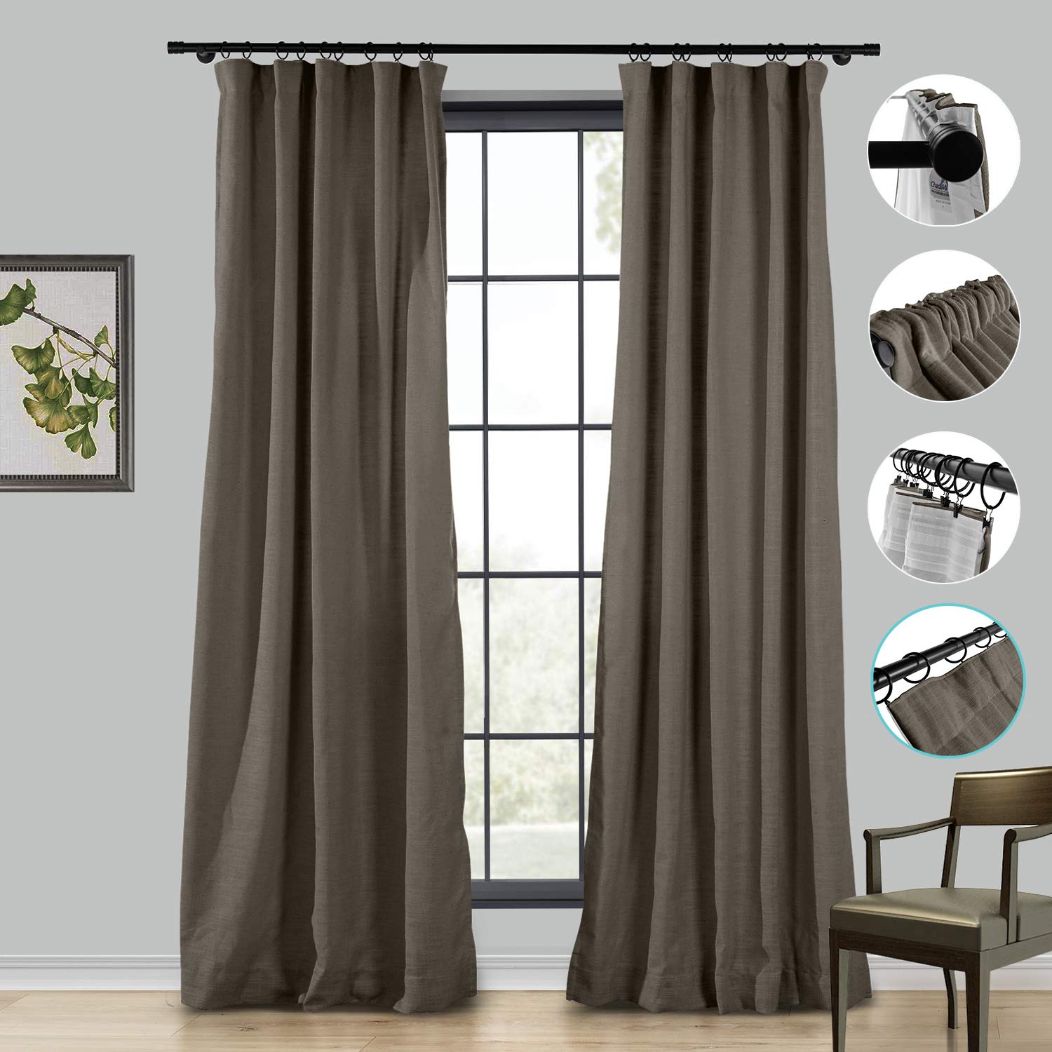 Premium 100% Linen Blackout Curtains 100Wx120L Inches - Room Darkening Thermal Insulated Drapes with 4-in-1 Header (Rod Pocket, Back Tab, Hooks & Belt) - Chocolate Tart Brown - Perfect for Bedroom, Living Room & Home Theater (1 Panel)