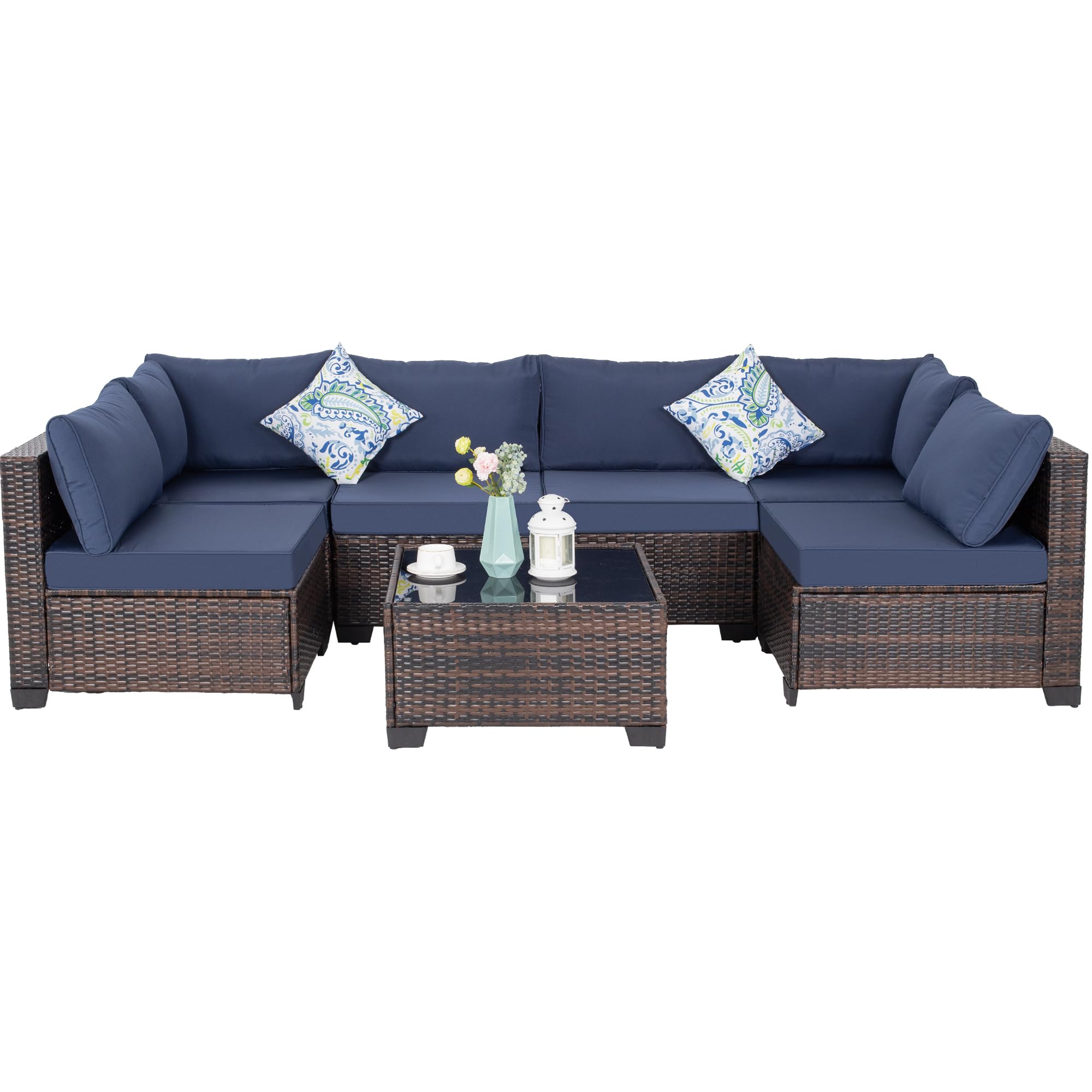 7-Piece Modular Patio Furniture Set - PE Rattan Wicker Outdoor Sectional Sofa with Thickened Cushions & Coffee Table (Brown Wicker/Navy Cushion) - Perfect for Backyard, Garden, Poolside & Outdoor Lounge Areas