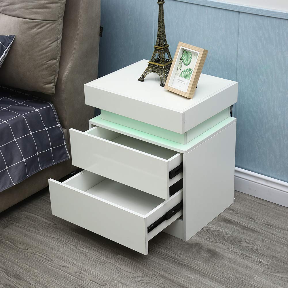 Modern LED Nightstand with 2 Drawers & Storage Shelf - White/Black Bedside Table with Touch Control Lighting for Bedroom, Living Room, or Office (White) - Perfect for Reading, Charging Devices & Bedside Storage