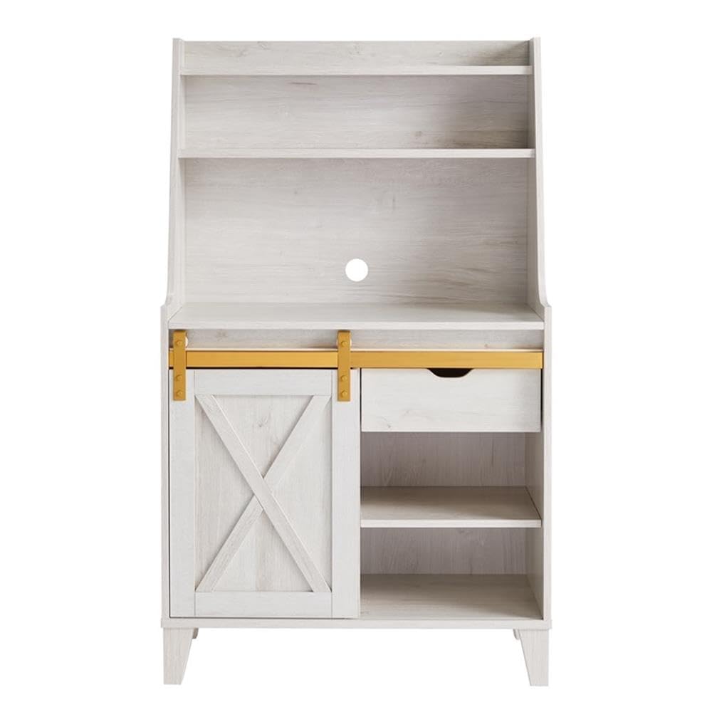 Furniture of America White Oak Baker Rack with Sliding Door - Solid Birch Wood Kitchen Storage Shelf for Pantry, Dining Room & Home Organization