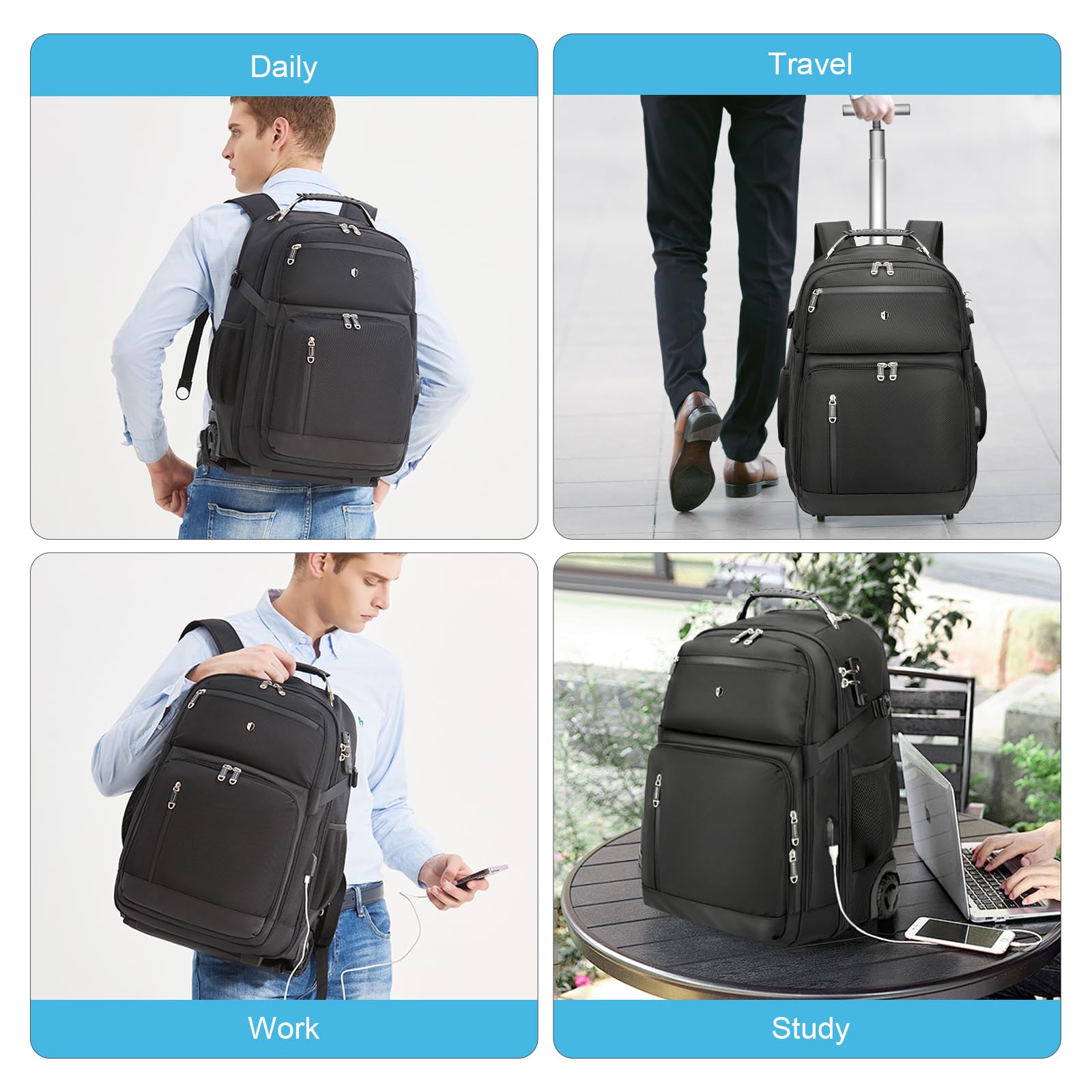 50L Anti-Theft Water-Resistant Rolling Backpack - Travel Laptop Backpack with Wheels for Business Commuting & Airplane Carry-On Luggage - Perfect for Business Trips, College Students & Daily Commute