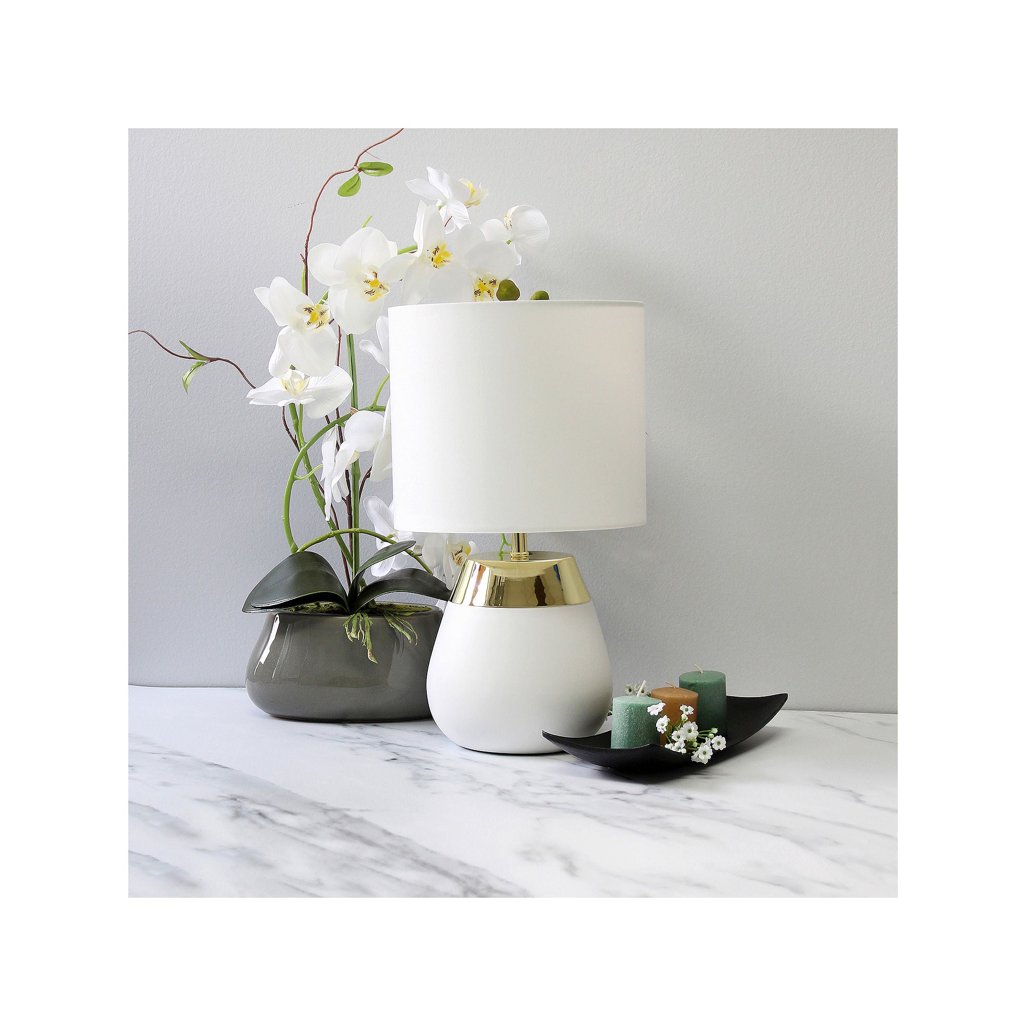 All The Rages Simple Designs 2-Toned Metallic 4-Setting Touch Table Lamp LT1106 in White - Modern Bedside Lighting for Bedroom & Living Room