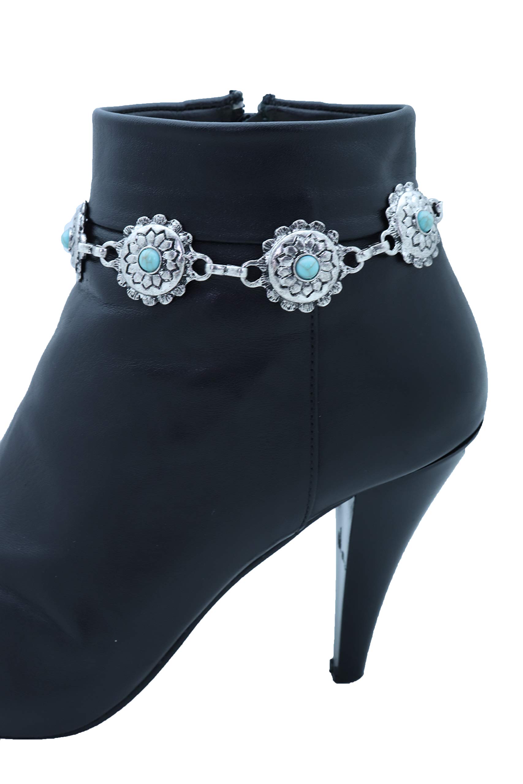 Vintage Western Boot Chain Anklet - Turquoise Blue Beaded Flower Charm Strap for Women | Boho Cowgirl Jewelry for Boots, Shoes & Festival Outfits