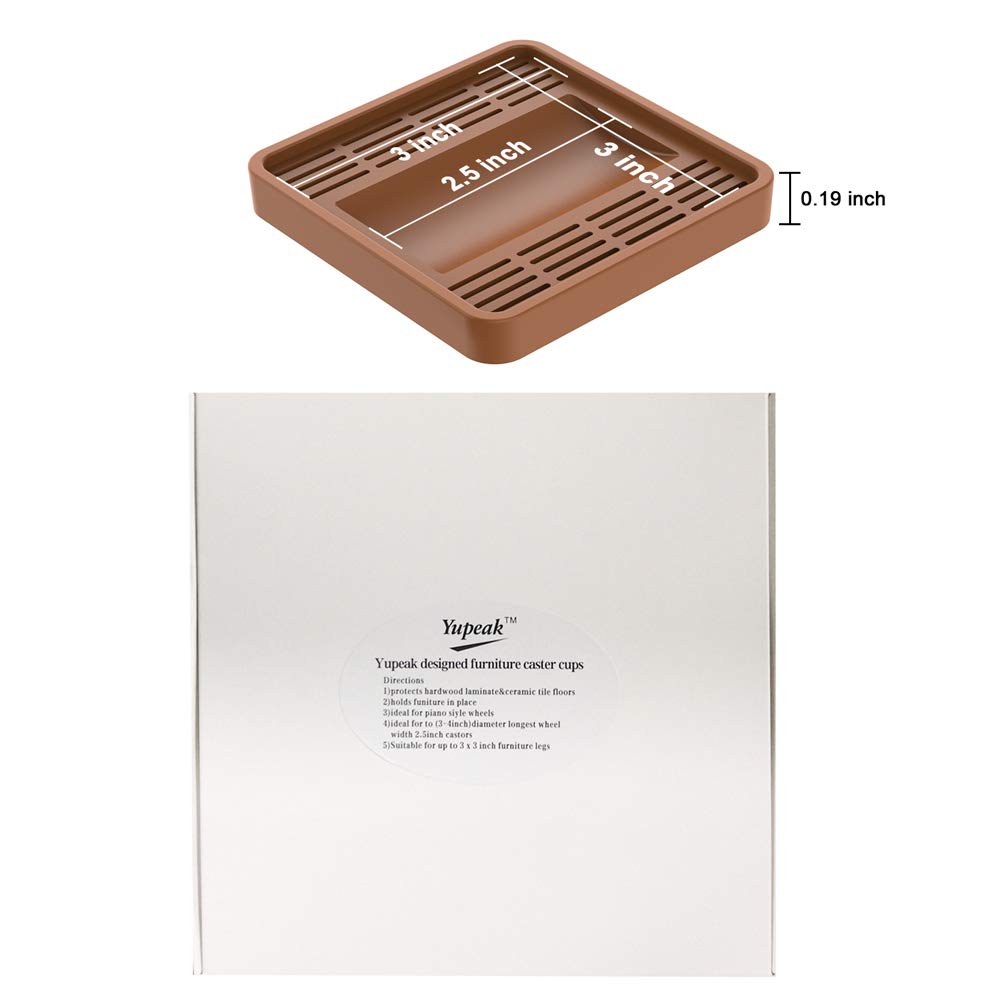3x3 Inch Square Rubber Furniture Caster Cups - Non-Slip Silicone Floor Protectors for Chair Wheels & Furniture Legs (4 Pack, Brown) | Perfect for Hardwood Floors, Office Chairs & Home Furniture Protection