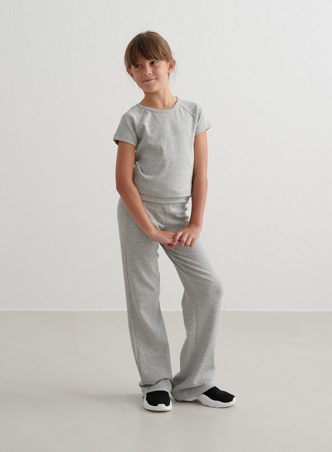 Grey Melange Young Ease Ribbed Short Sleeve T-Shirt for Women - Soft Cotton Casual Top for Everyday Wear, Gym, and Outings